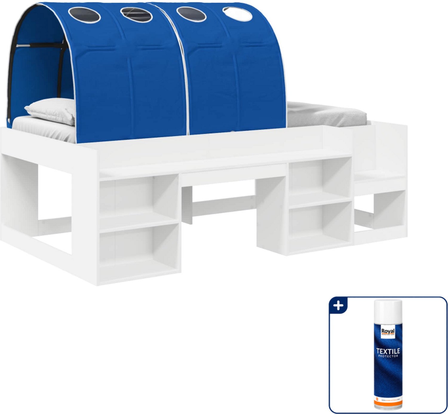 vidaXL loftbed met tunnel - 100 x 200 cm - bewerkt hout - wit en blauw - Inclusief textielbeschermer 500 ml