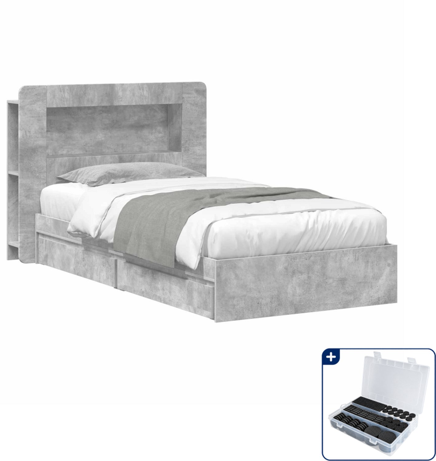 vidaXL bedframe met opslag - 90 x 190 cm - bewerkt hout - betongrijs - Inclusief antikrasvilt 177-delig
