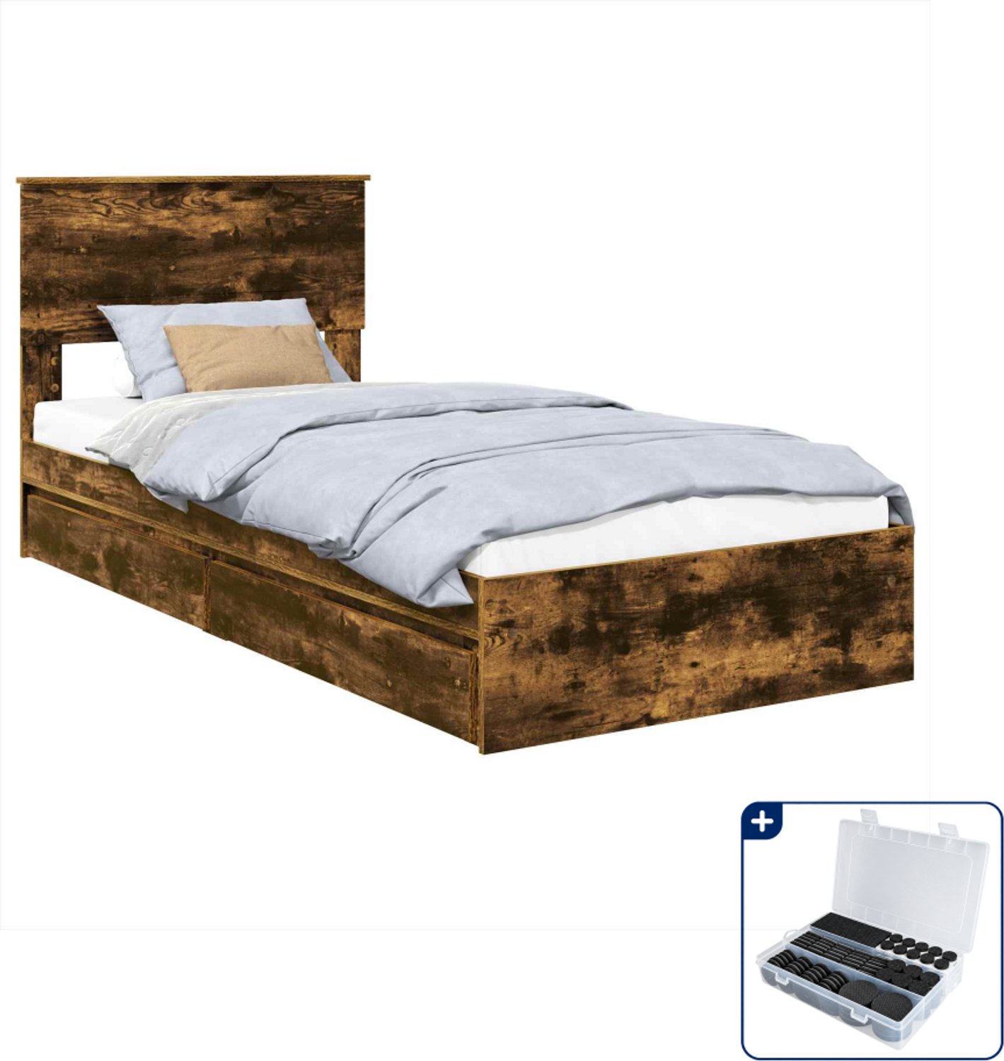 vidaXL bedframe - 75 x 190 cm - bewerkt hout - gerookt eiken - Inclusief antikrasvilt 177-delig Bruin