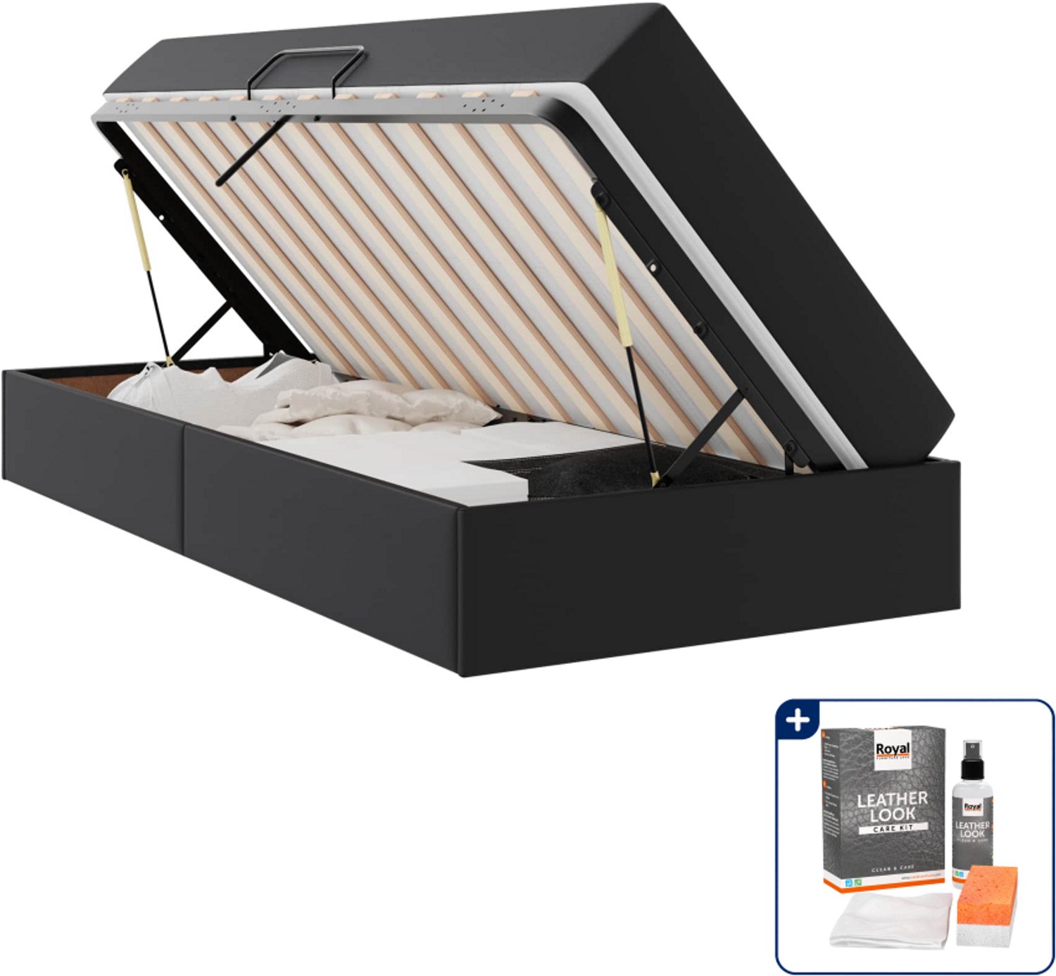 vidaXL bed met matras - 90 x 200 cm - zwart - Inclusief onderhoudsset voor kunstleer 150 ml Grijs