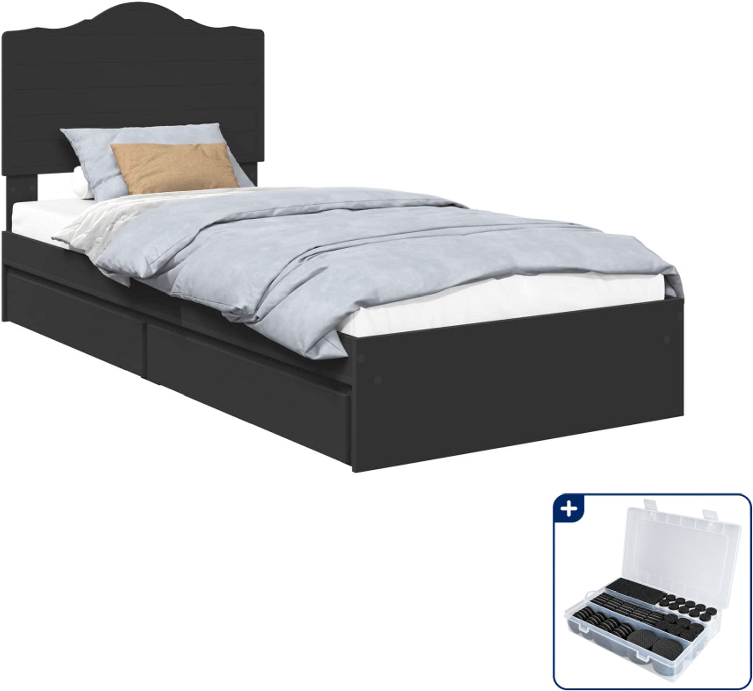 vidaXL bed met lade - 90 x 190 cm - bewerkt hout - zwart - Inclusief antikrasvilt 177-delig