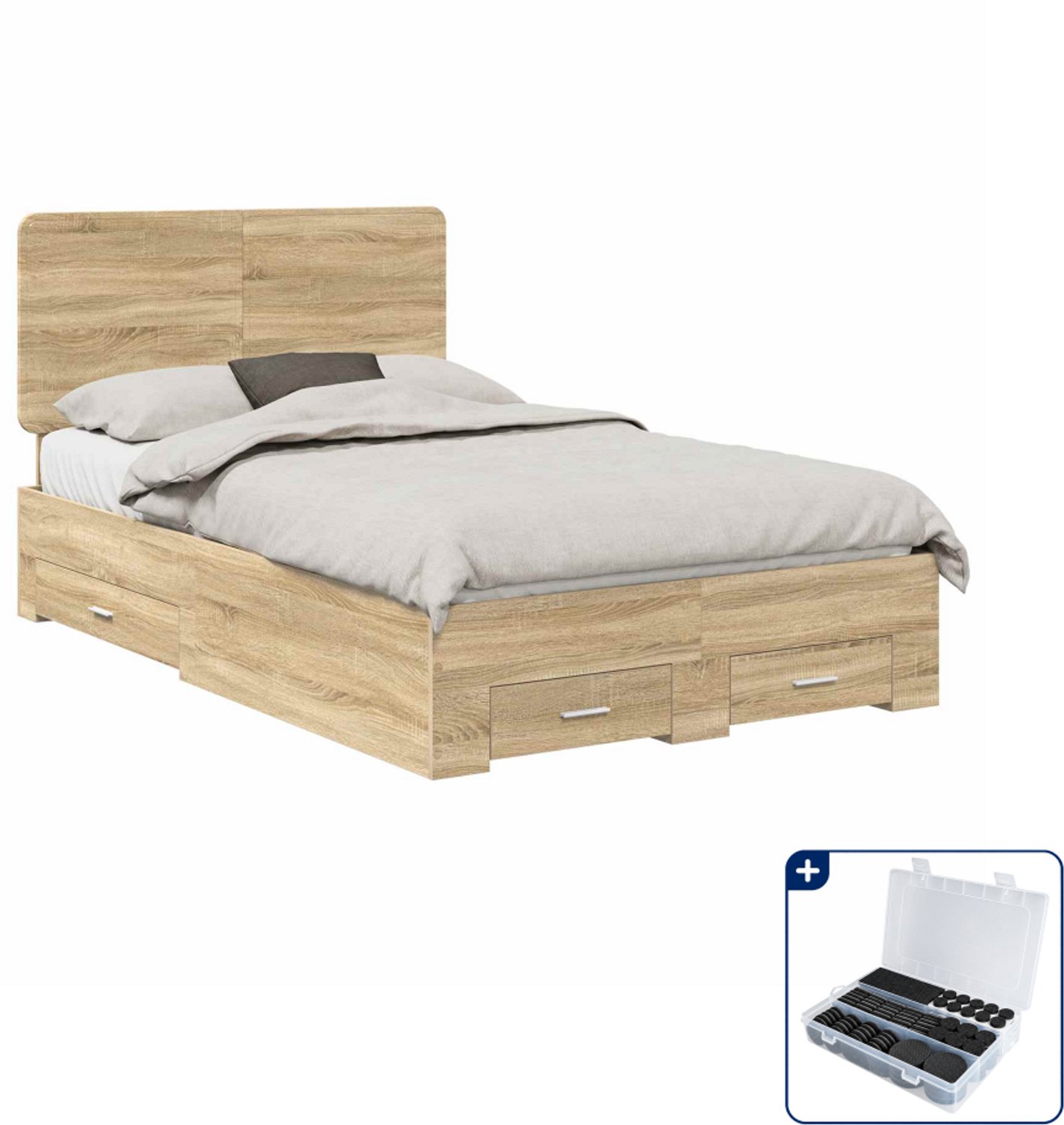 vidaXL bedframe met lade - 135 x 190 cm - bewerkt hout - sonoma eiken - Inclusief antikrasvilt 177-delig Bruin