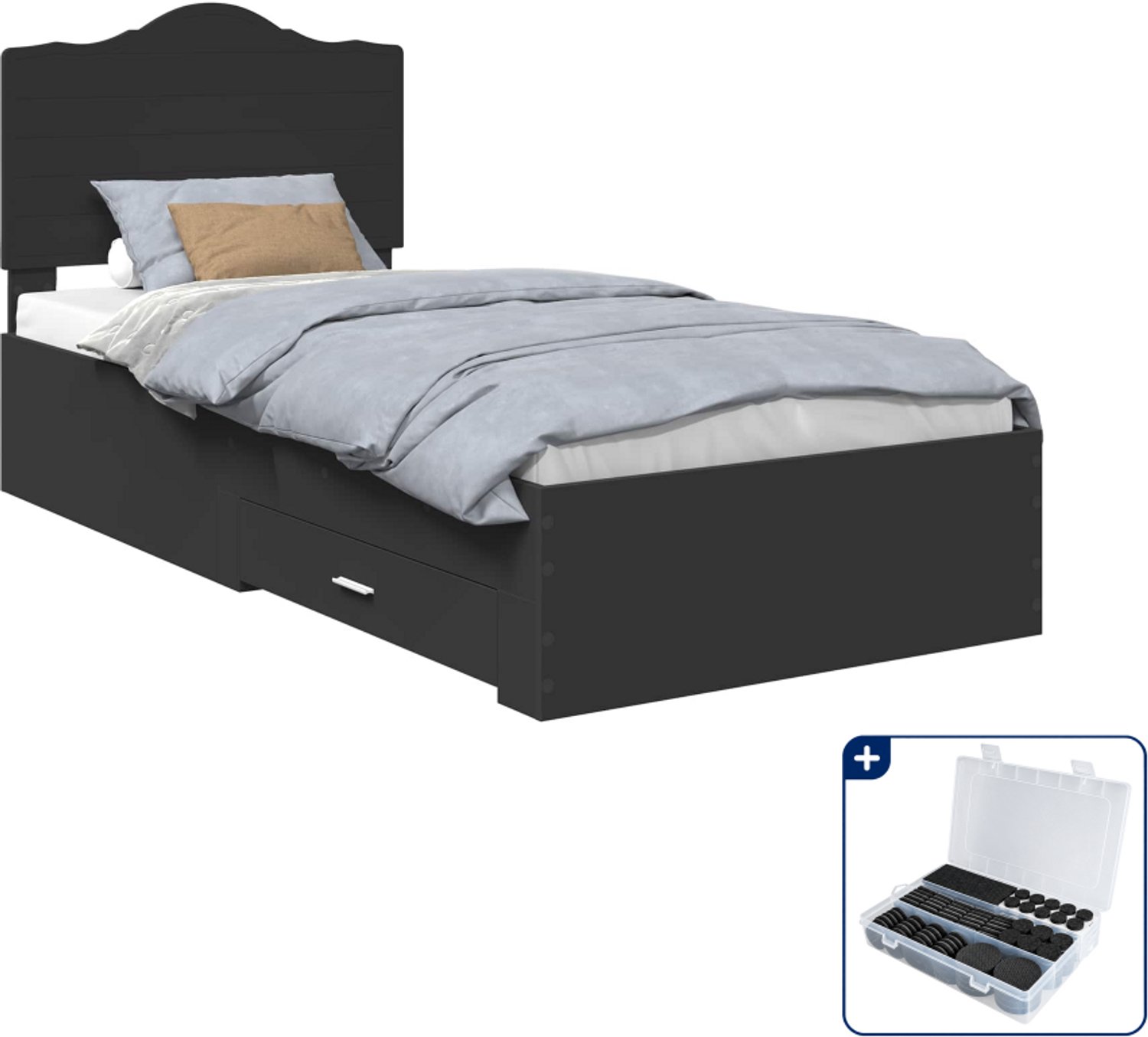 vidaXL bedframe met lade - 70 x 190 cm - bewerkt hout - zwart - Inclusief antikrasvilt 177-delig