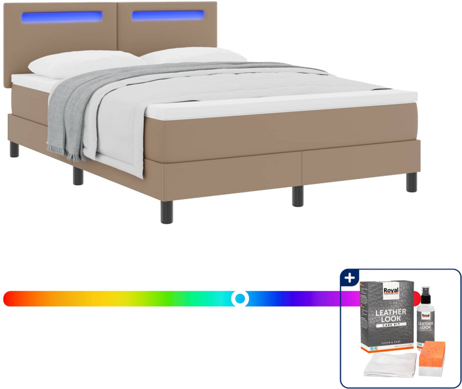 vidaXL boxspringbed - queensize - 160 x 200 cm - kunstleer - cappuccino - Inclusief onderhoudsset voor kunstleer 150 ml Bruin
