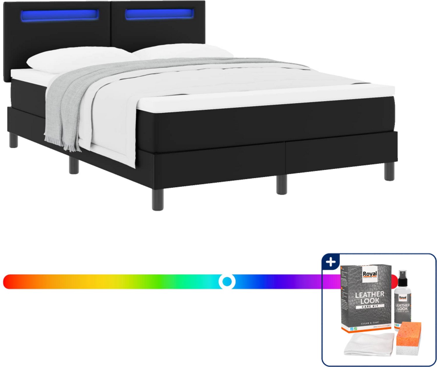 vidaXL boxspringbed - 140 x 190 cm - kunstleer - zwart - Inclusief onderhoudsset voor kunstleer 150 ml