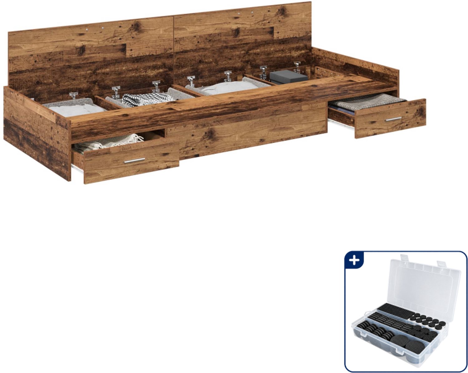 vidaXL bedframe met opberglade - 100 x 200 cm - bewerkt hout - oud hout - Inclusief antikrasvilt 177-delig Bruin