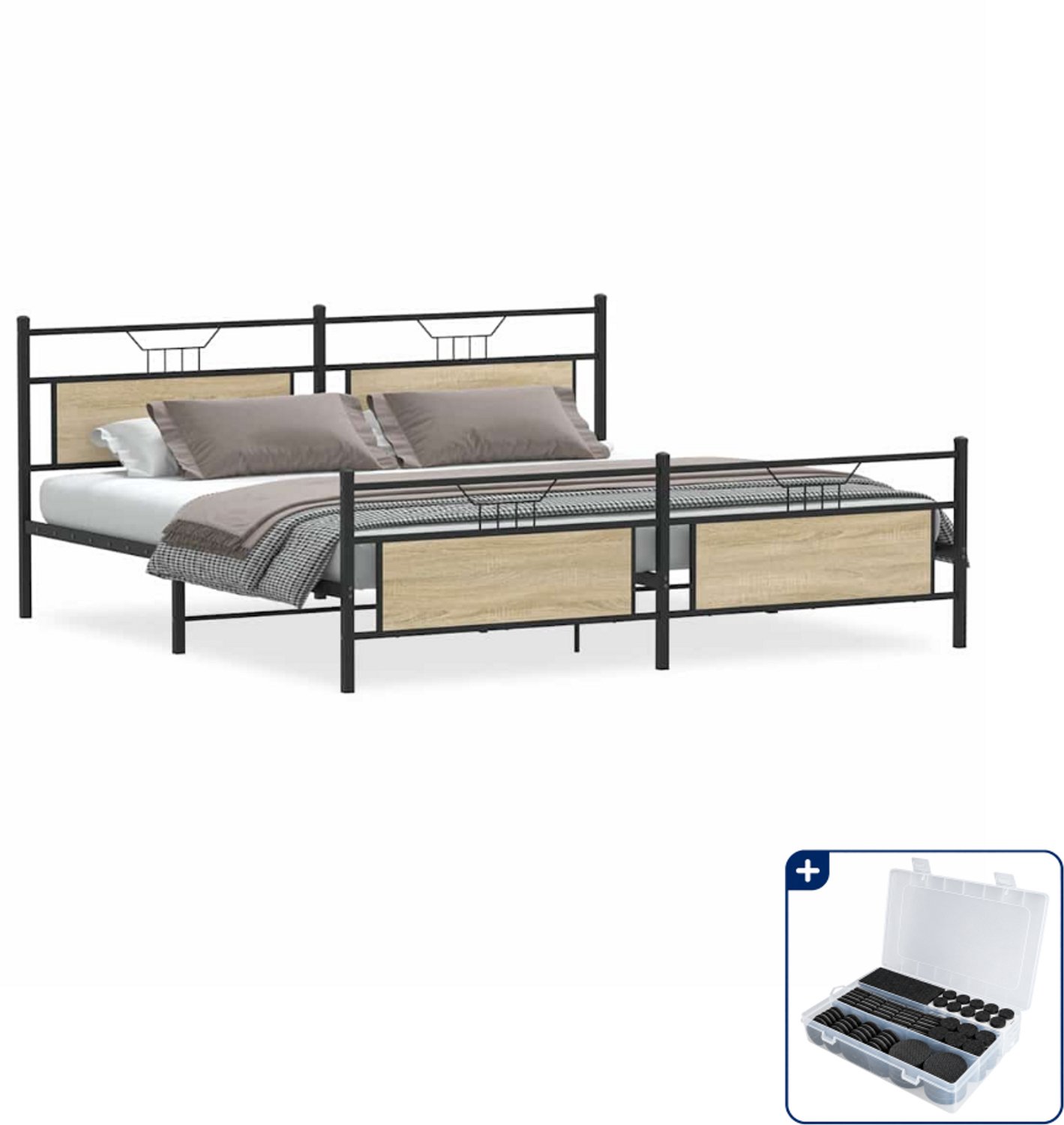 vidaXL Bedframe - 193 x 203 cm - staal en bewerkt hout - sonoma eiken - Inclusief antikrasvilt 177-delig Zwart