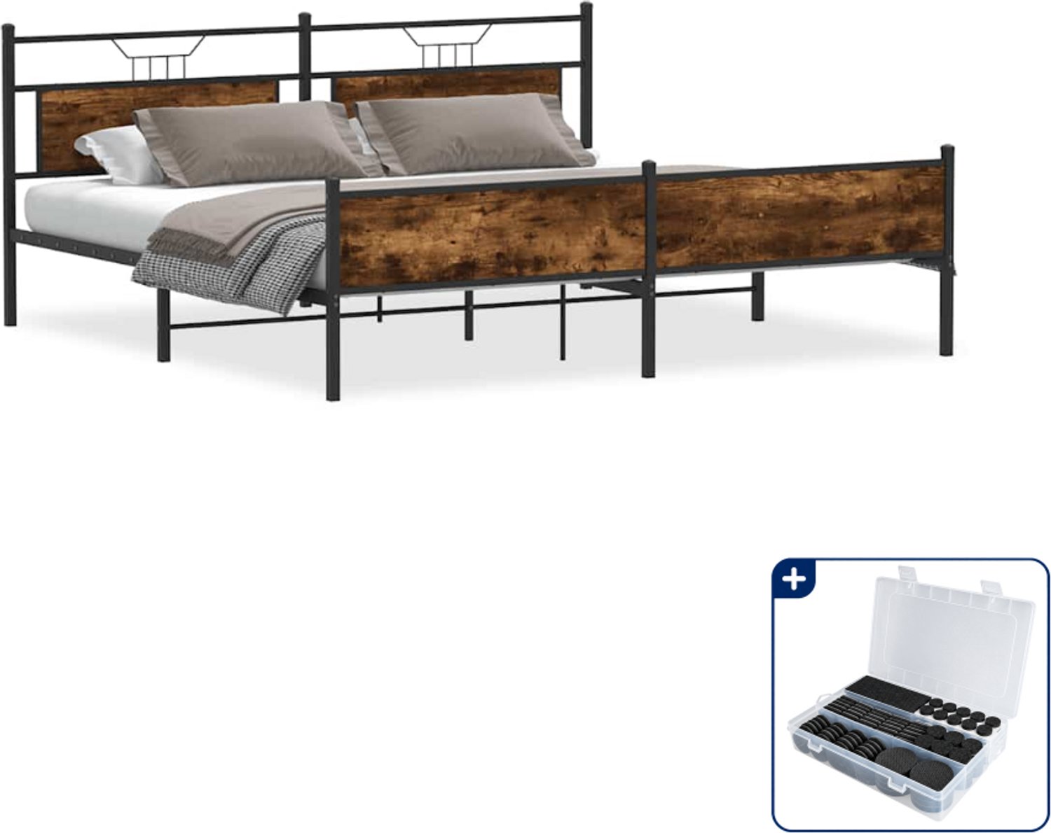 vidaXL Bedframe - 200 x 200 cm - staal en bewerkt hout - gerookt eiken - Inclusief antikrasvilt 177-delig Bruin