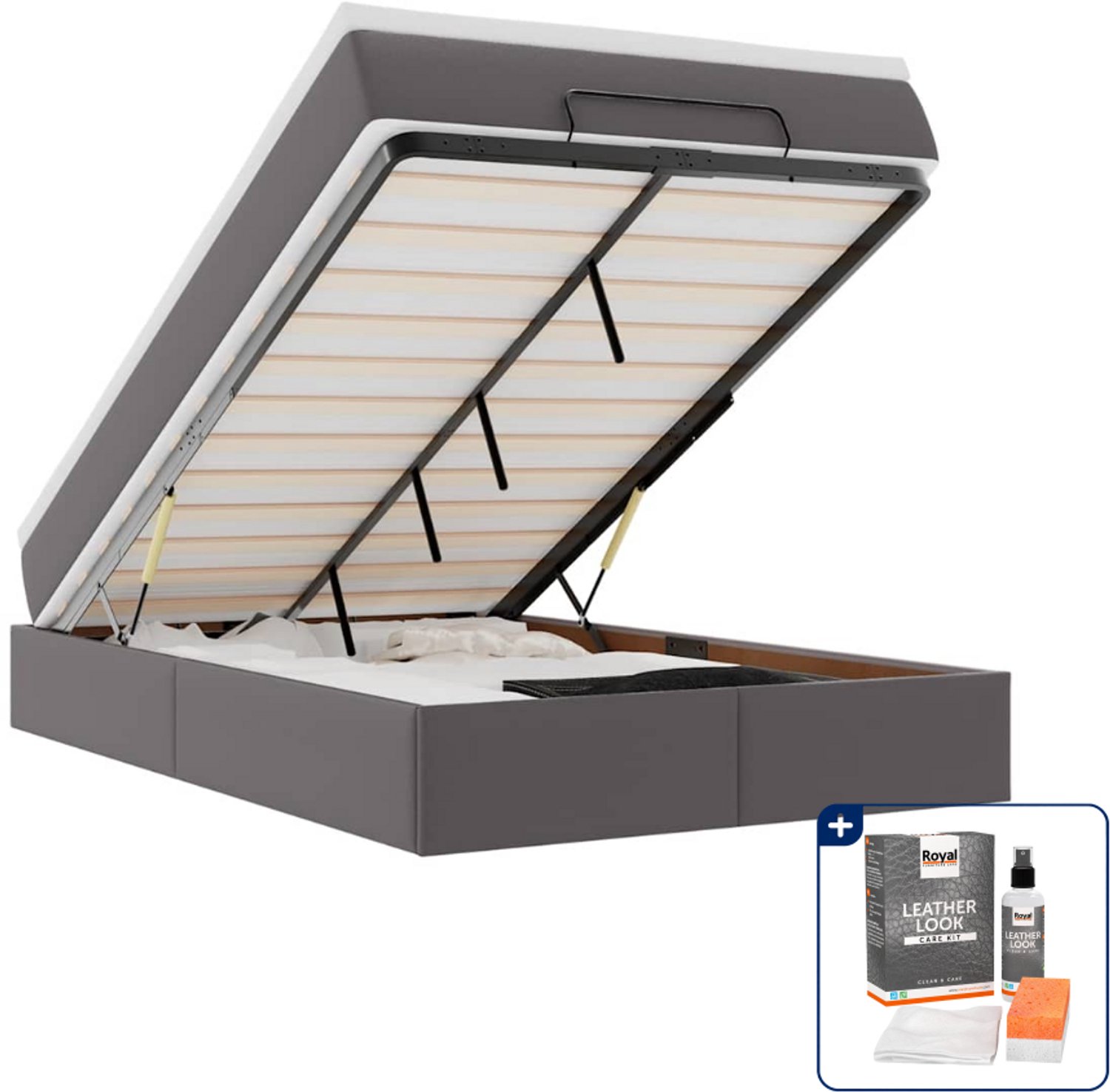 vidaXL ottoman bed met matras - 120 x 200 cm - kunstleer - grijs - Inclusief onderhoudsset voor kunstleer 150 ml