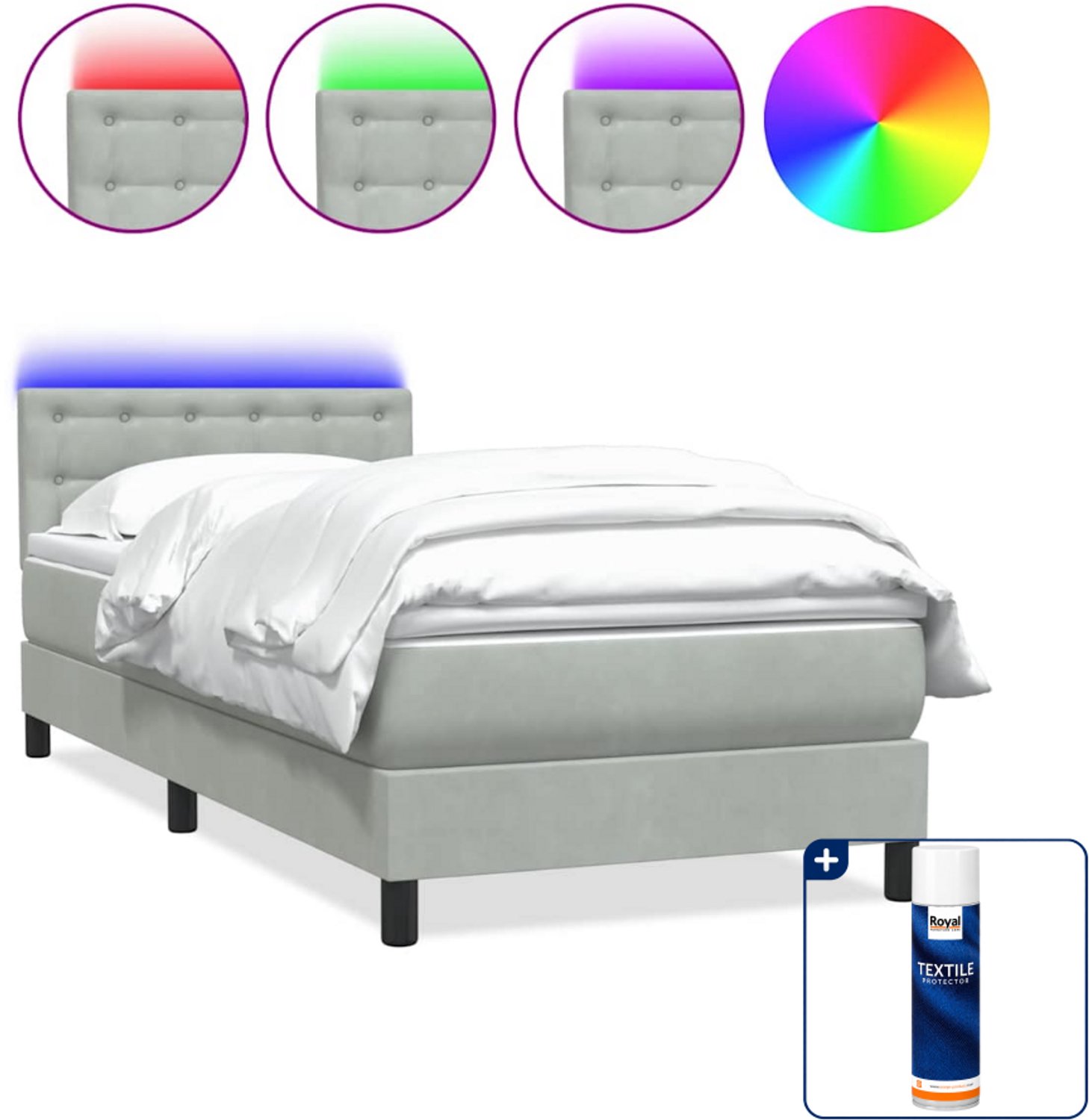 vidaXL boxspring met matras en led - 80 x 210 cm - fluweel - lichtgrijs - Inclusief textielbeschermer 500 ml