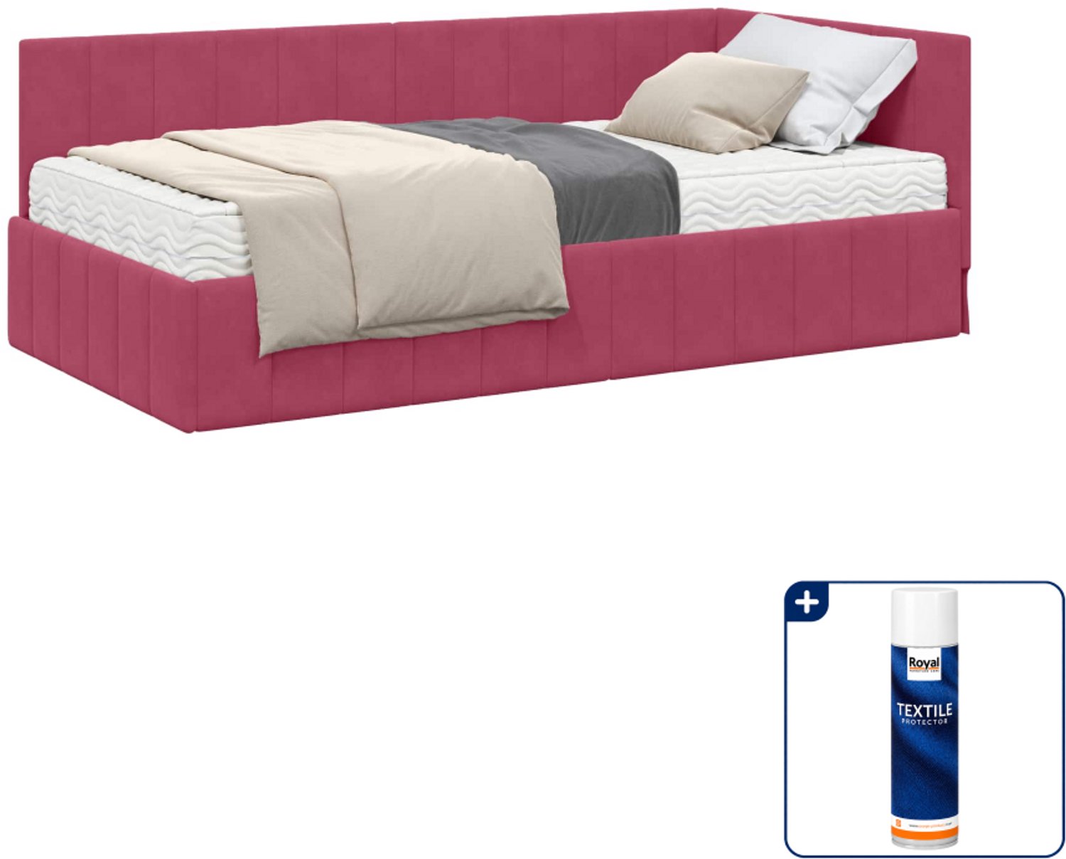vidaXL hoekbedframe met matras - 90 x 200 cm - fluweel - wijnrood - Inclusief textielbeschermer 500 ml Lichtgrijs