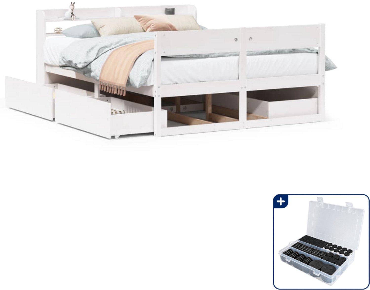 vidaXL Bedframe - 150 x 200 cm - massief grenenhout - wit - Inclusief antikrasvilt 177-delig