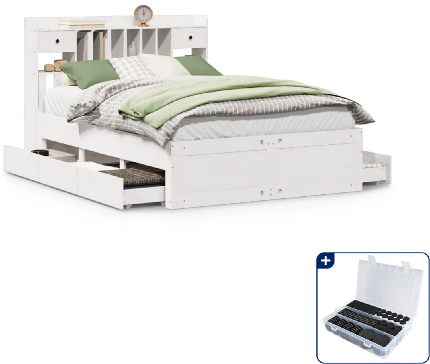vidaXL bed met boekenkast - Small double 140 x 200 cm - wit - Inclusief antikrasvilt 177-delig Zwart