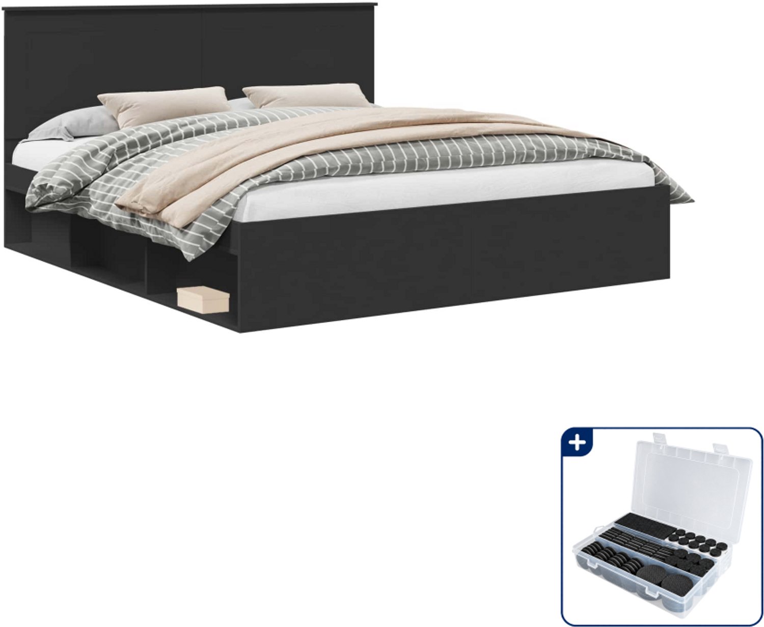vidaXL bedframe - 200 x 200 cm - zwart - Inclusief antikrasvilt 177-delig Grijs