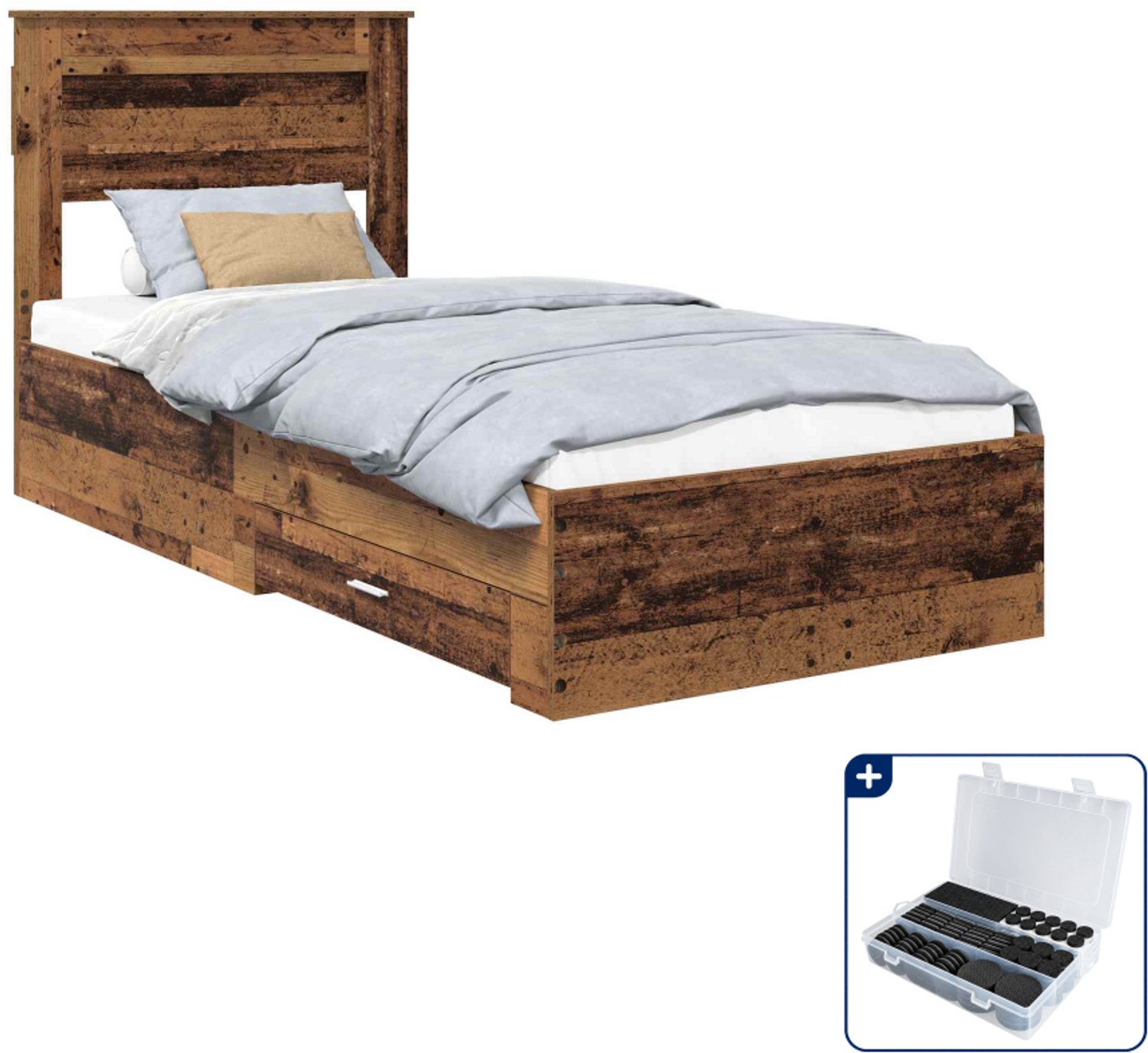 vidaXL bedframe met lade - 90 x 200 cm - bewerkt hout - oudhout - Inclusief antikrasvilt 177-delig Bruin