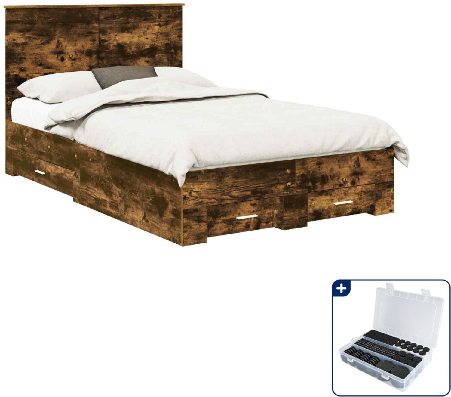 vidaXL Bedframe - 120 x 190 cm - bewerkt hout - gerookt eiken - Inclusief antikrasvilt 177-delig Bruin