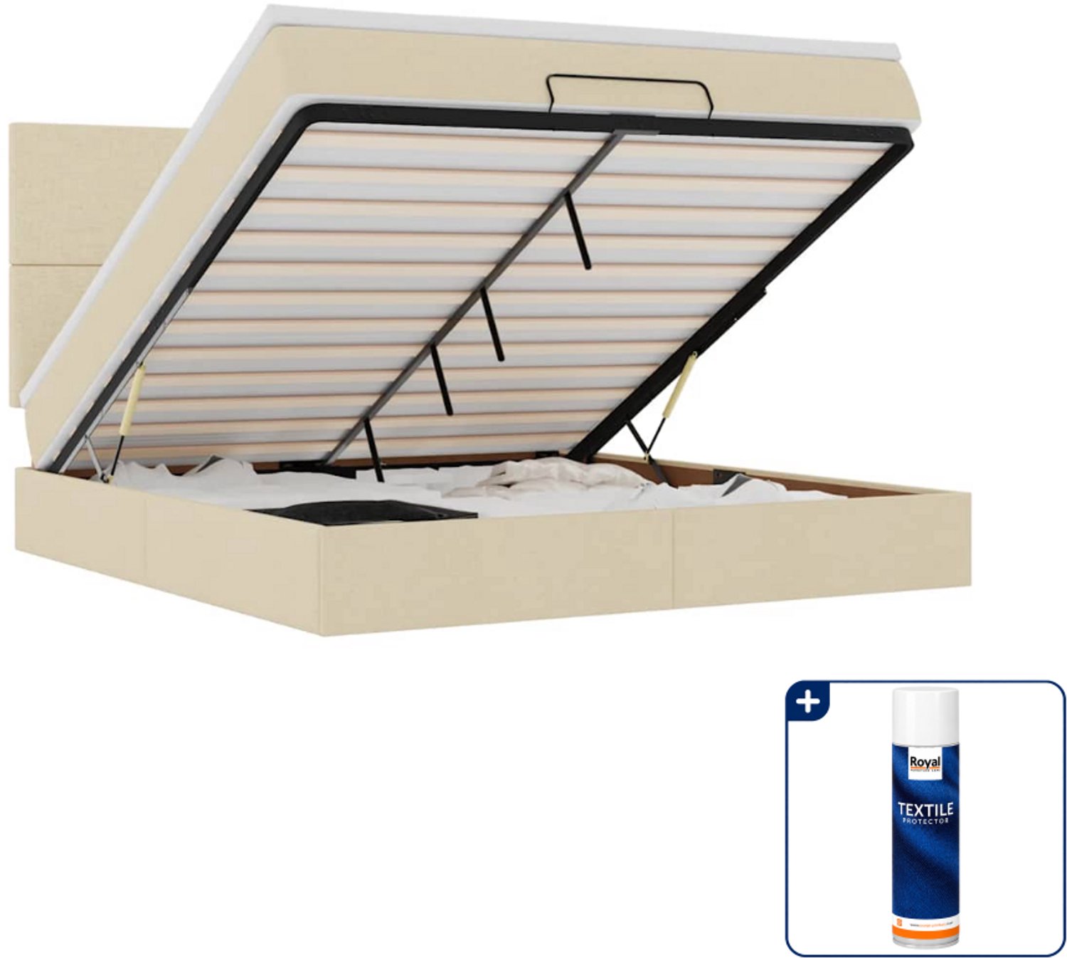 vidaXL Queensize ottoman bed met matras en LED - 160 x 200 cm - crème - Inclusief textielbeschermer 500 ml Zwart
