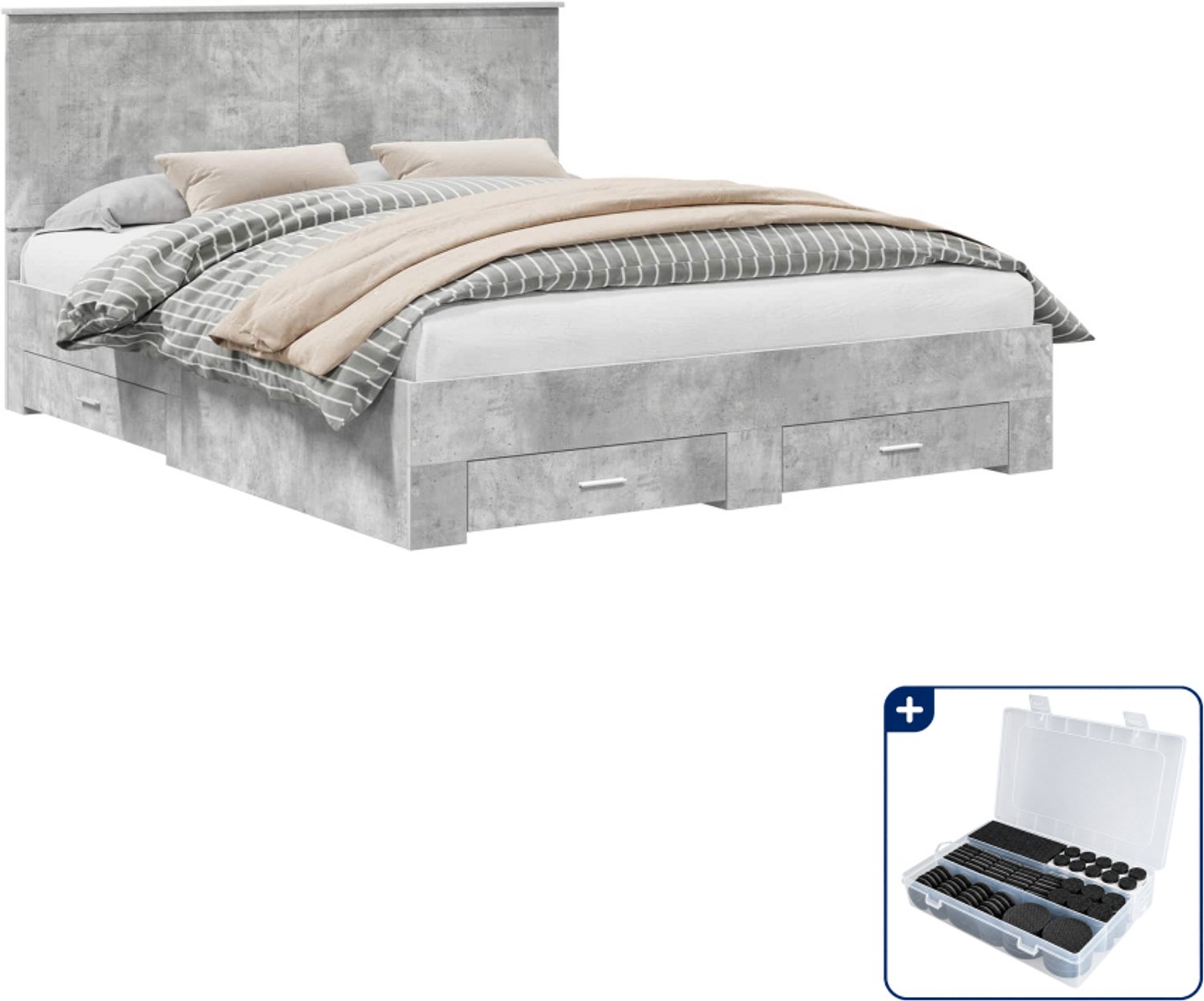 vidaXL bedframe Queensize - 160 x 200 cm - bewerkt hout - beton grijs - Inclusief antikrasvilt 177-delig Wit