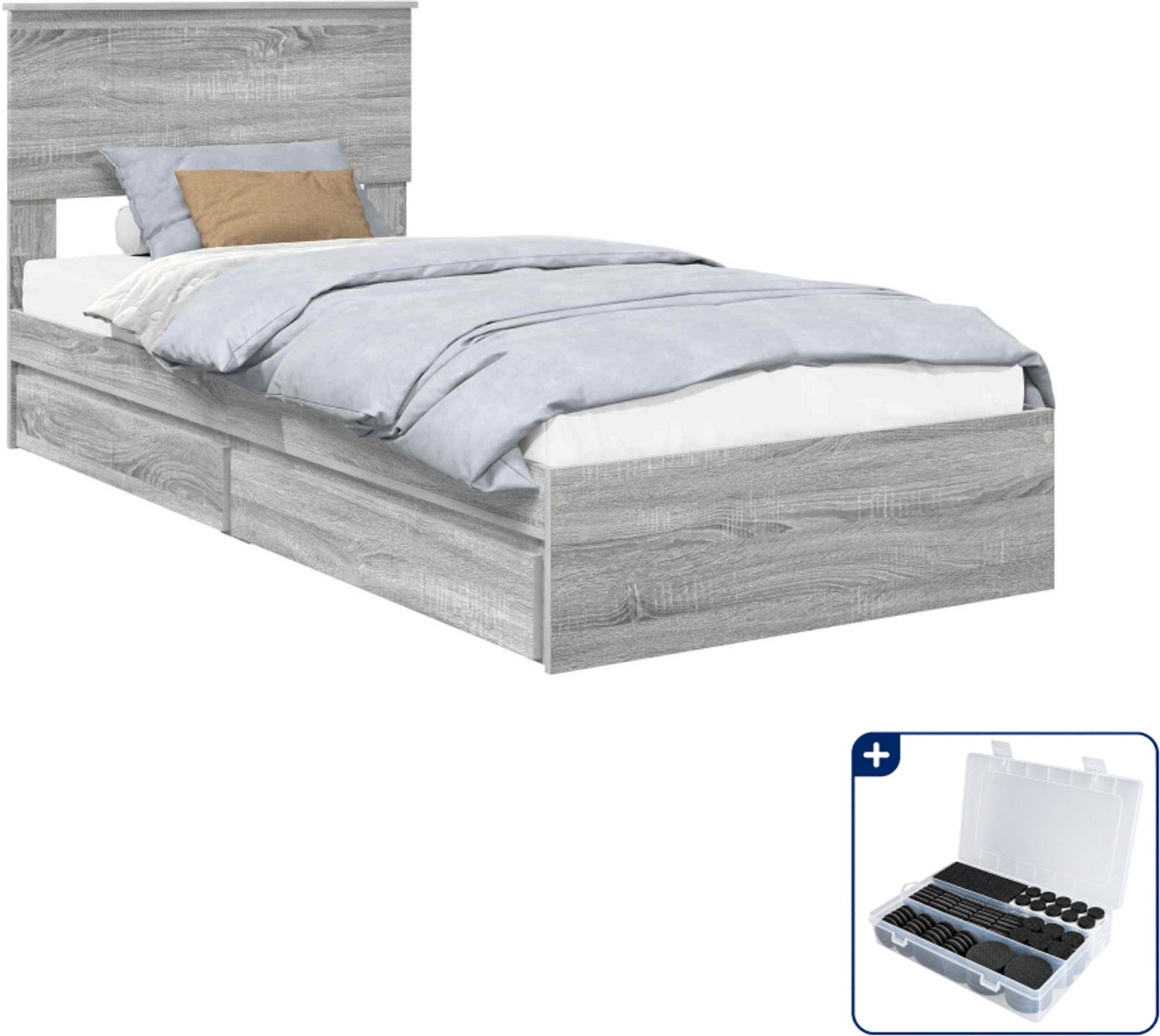 vidaXL bedframe - 90 x 200 cm - bewerkt hout - grijs sonoma - Inclusief antikrasvilt 177-delig