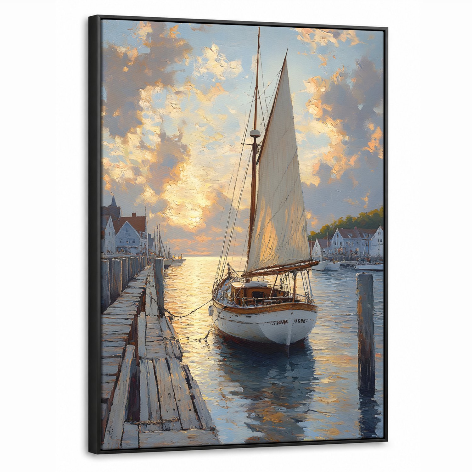 Canvas Schilderij met Baklijst 60x80cm - Zeilboot - Zon - Pier - Hout - Muurdecoratie woonkamer - Slaapkamer decoratie - Kamer accessoires - Schilderijen op canvas met lijst