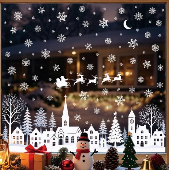 Raamsticker Kerst - Wit - Winterdorp met Sneeuwvlokken | bol
