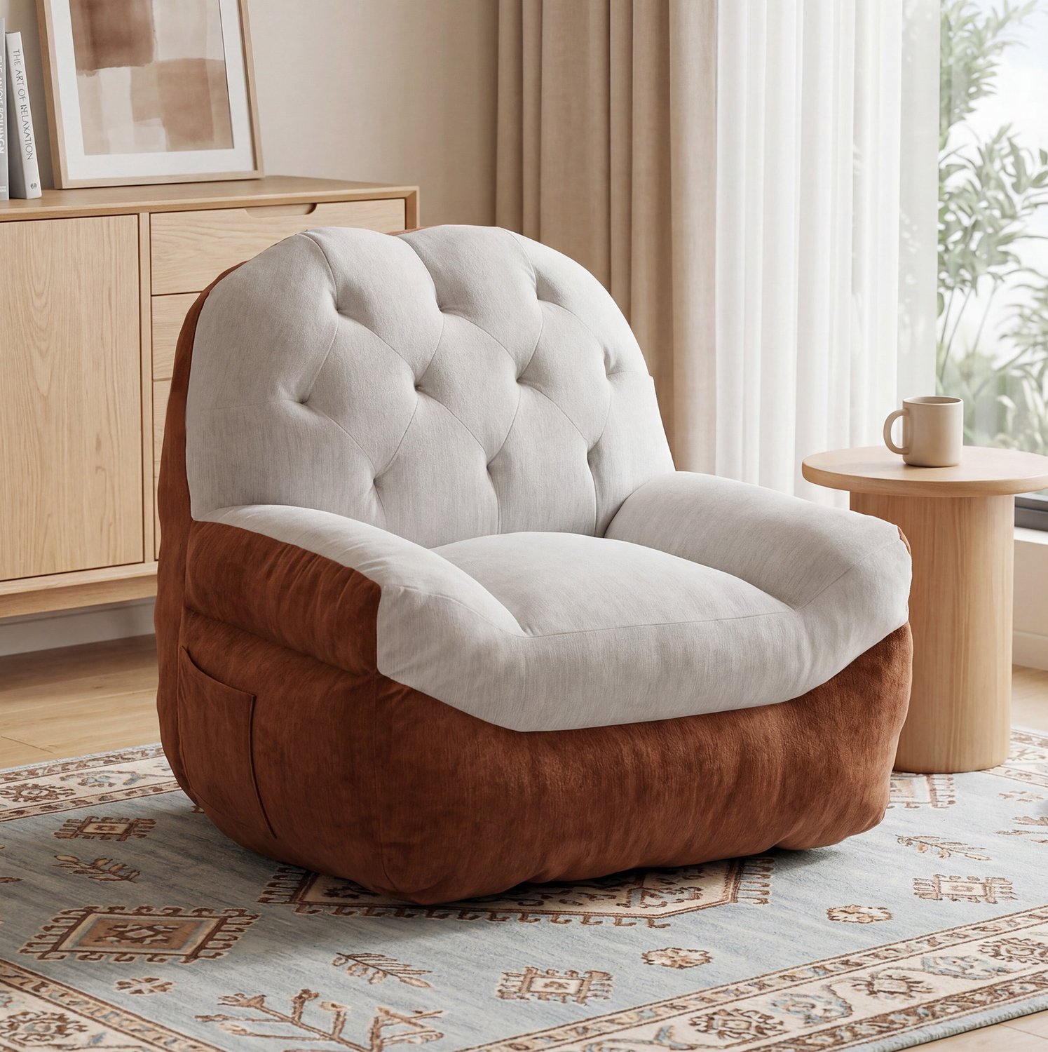 DESMIU Fauteuil 113 x 110 x 88,5 cm - Tweekleurig met Ronde Rugleuning en Zachte Zitting - Voor Slaapkamer en Leeshoek - Chenille - Crème en Bruin