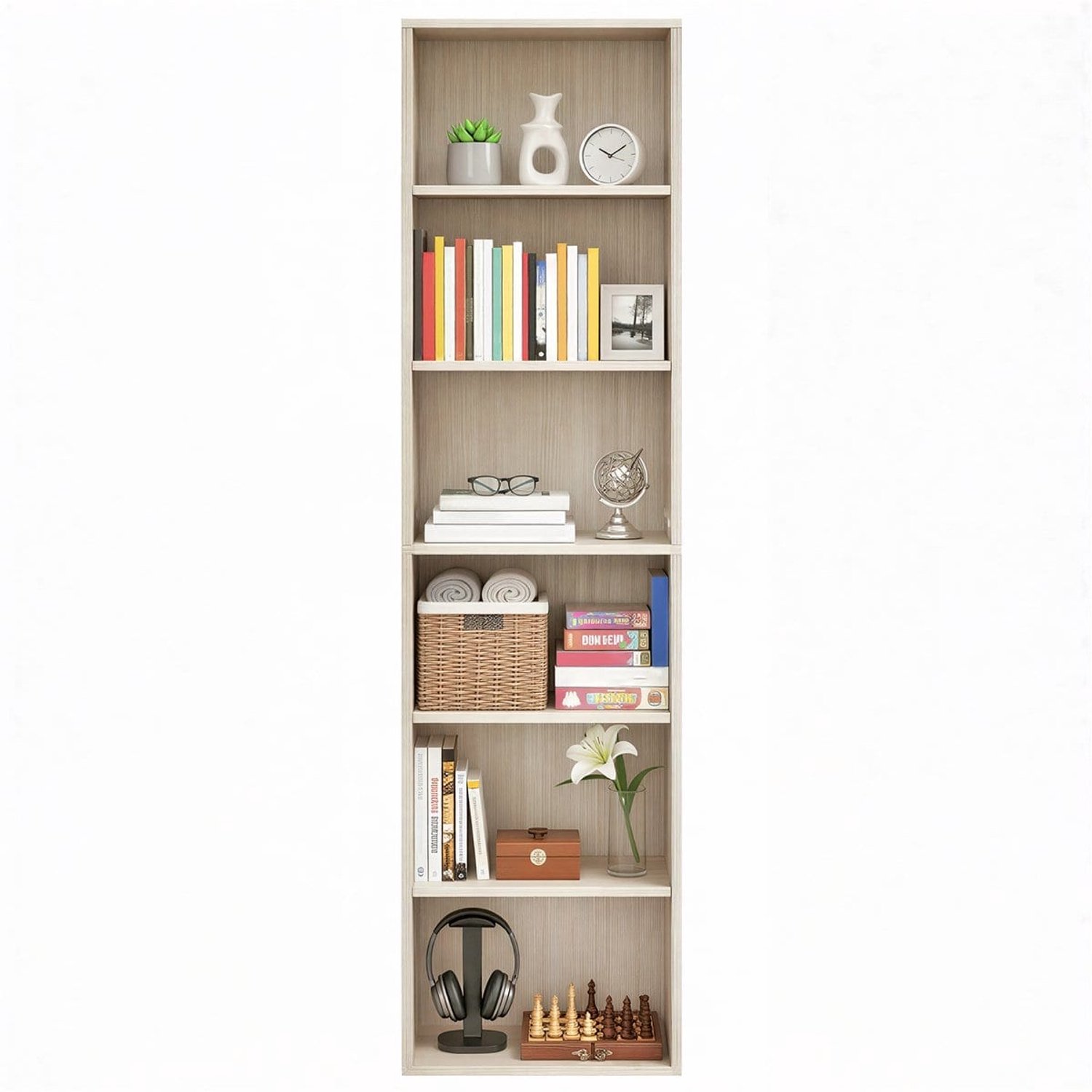 Klarven Boekenkast Beige - Boekenkast 6-Niveaus - Boekenkastje - Boekenkasten - Bookcase - Open Kast Zonder Deuren - Draagvermogen 10 kg per Plank - 40x24x178,5 cm
