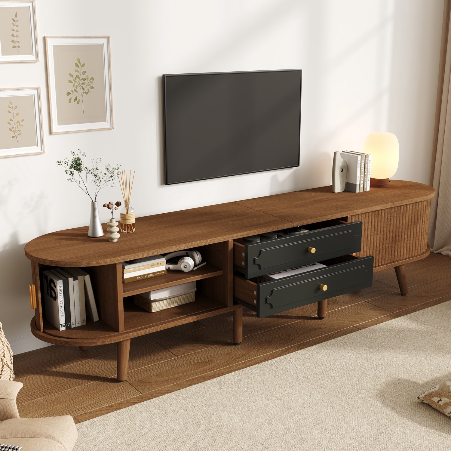 MIVRAY Tv-meubel - 2 Lades en 2 Schuifdeuren - Verstelbare Planken voor de Woonkamer - MDF en Hout - 170x40x43 cm - Walnootkleur