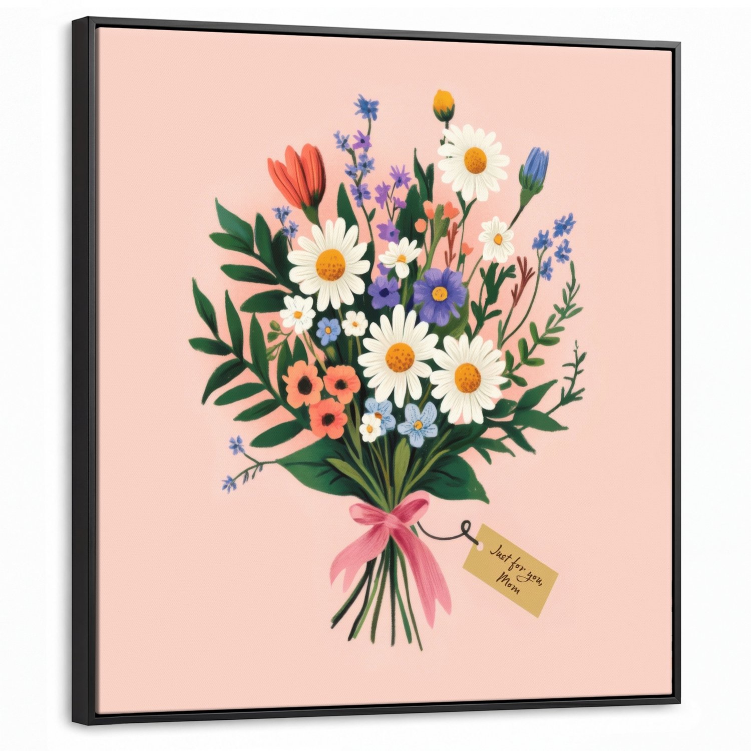 Canvas Schilderij met Baklijst 90x90cm - Margrieten - Boeket - Strikje - Roze - Muurdecoratie woonkamer - Slaapkamer decoratie - Kamer accessoires - Schilderijen op canvas met lijst