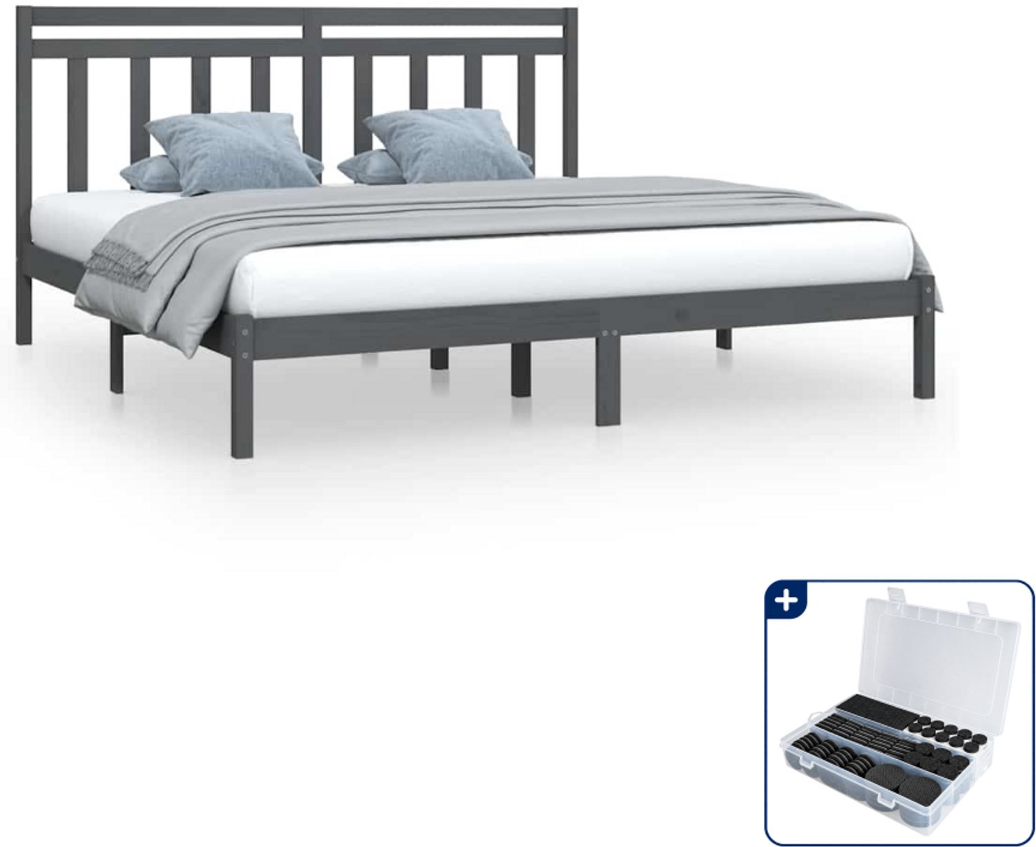 vidaXL bedframe - 200 x 200 cm - massief grenenhout - grijs - Inclusief antikrasvilt 177-delig Bruin