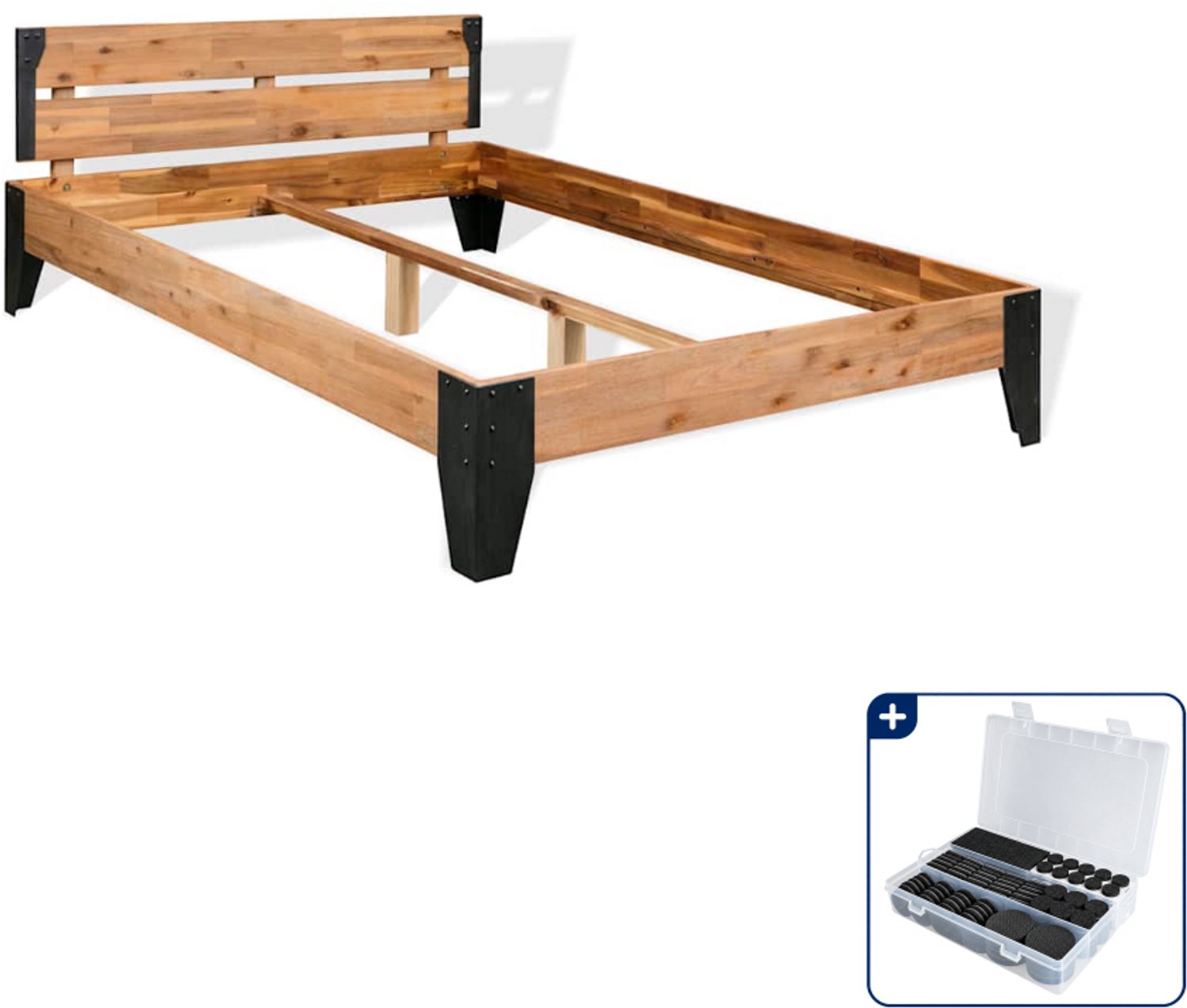 vidaXL bedframe 152 x 203 cm - massief acaciahout en staal - Inclusief antikrasvilt 177-delig Bruin