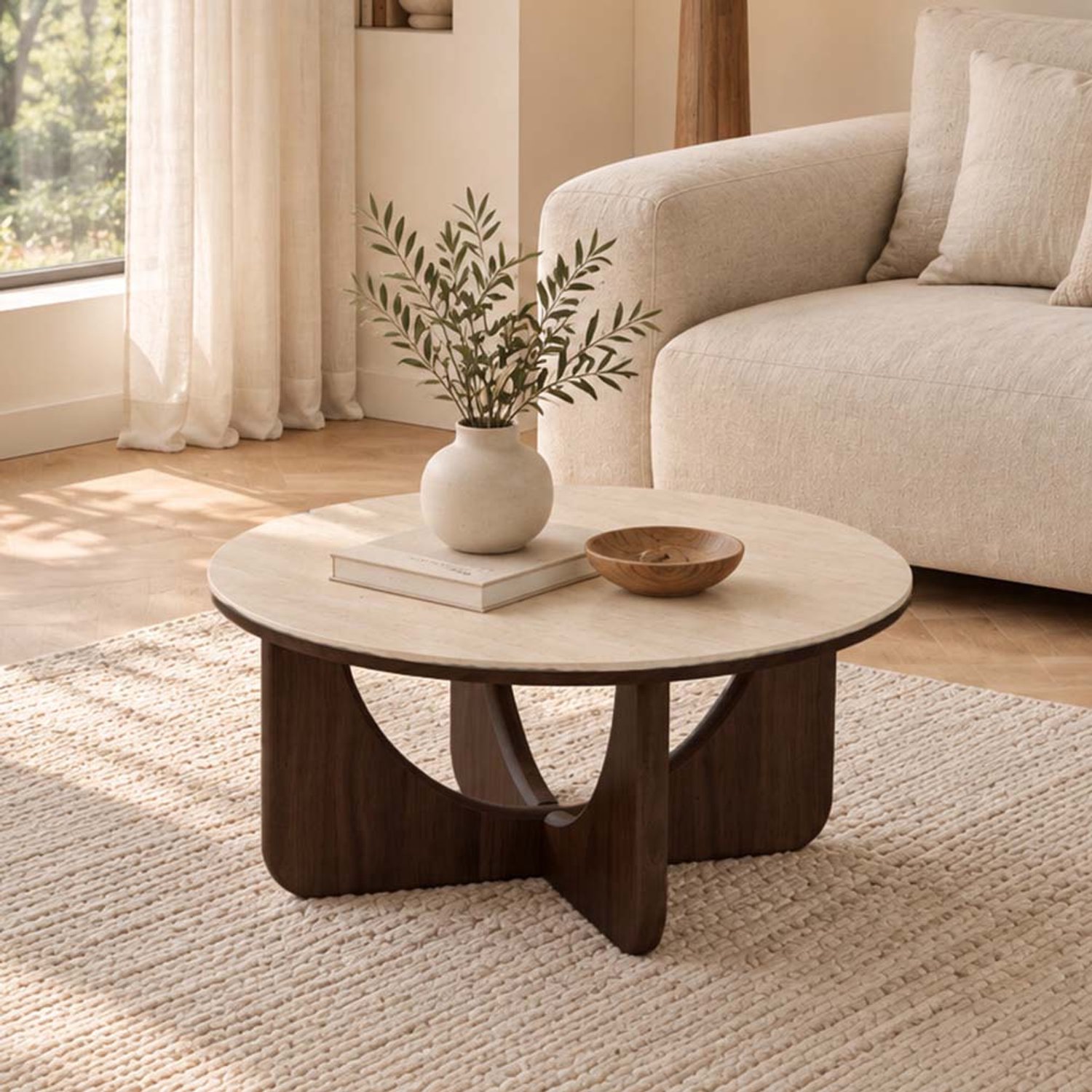 Milton & Oldbrook Salontafel Ø 80 cm Berane Travertin - Walnoot Beige