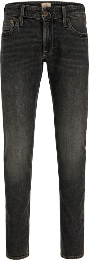 Donkergrijze slim fit jeans met subtiele wassing en klassiek vijf-pocket ontwerp.