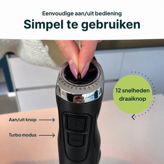 Staafmixer met Maatbeker - 1000W - Zwart - 12 Snelheden + Turbofunctie - Handblender - Vaatwasserbestendig - BPA-vrij - Vivid Green van Vivid Green — afbeelding 4