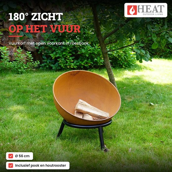 Vuurschaal met roestlook en 180 graden zicht op het vuur, inclusief houtrooster en pook.