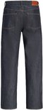 Achterkant van een donkerblauwe straight fit jeans met twee achterzakken en oranje stiksels.