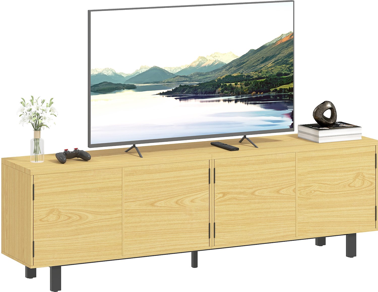 Lunpog TV-meubel - met 4 push-to-open deuren - afmetingen: 180 cm x 35 cm x 55,5 cm - natuurlijke houtkleur Natuurlijke houttint