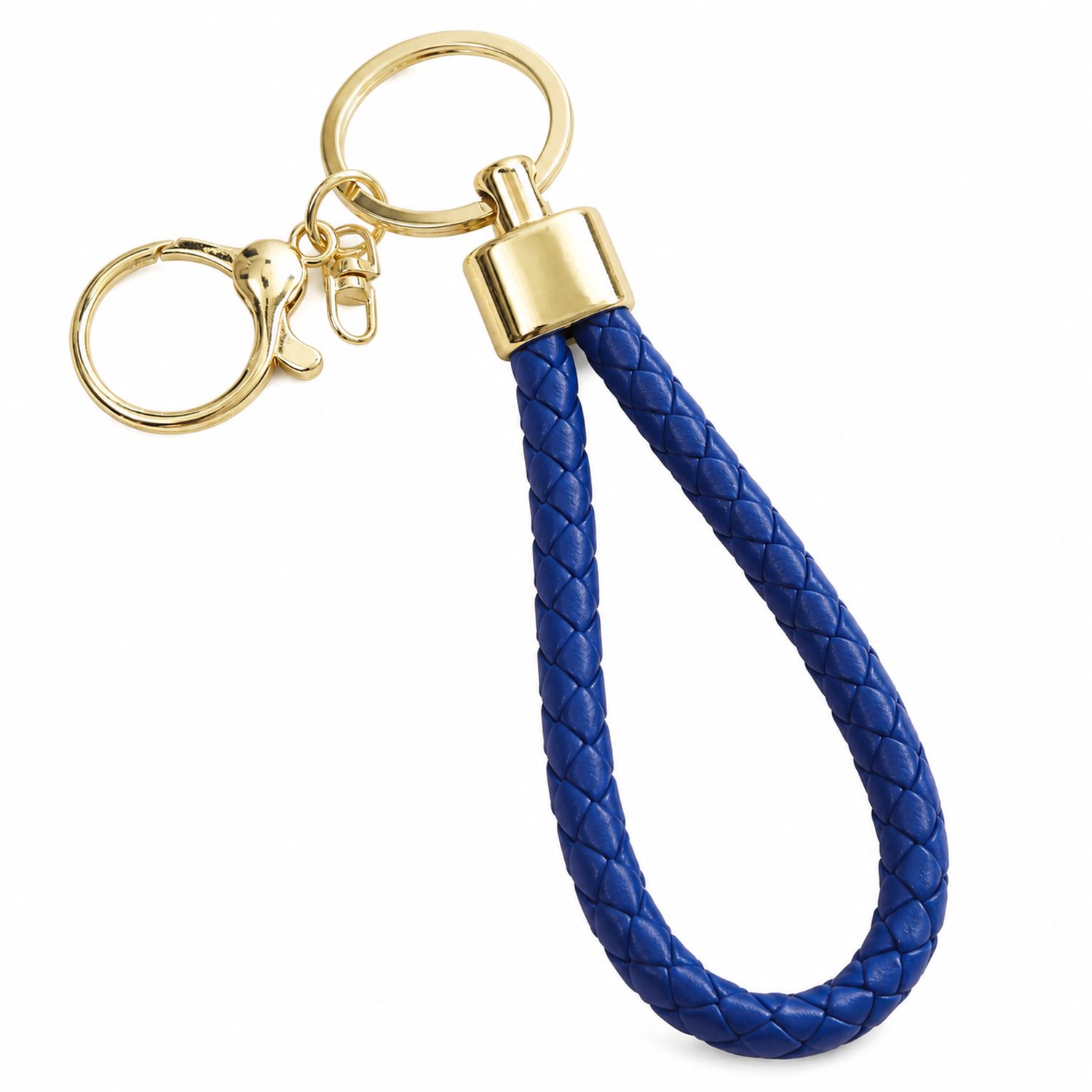 Sleutelhanger met donkerblauw gevlochten PU-koord, lus, sleutelring en ronde bevestigingsclip, ook als tashanger