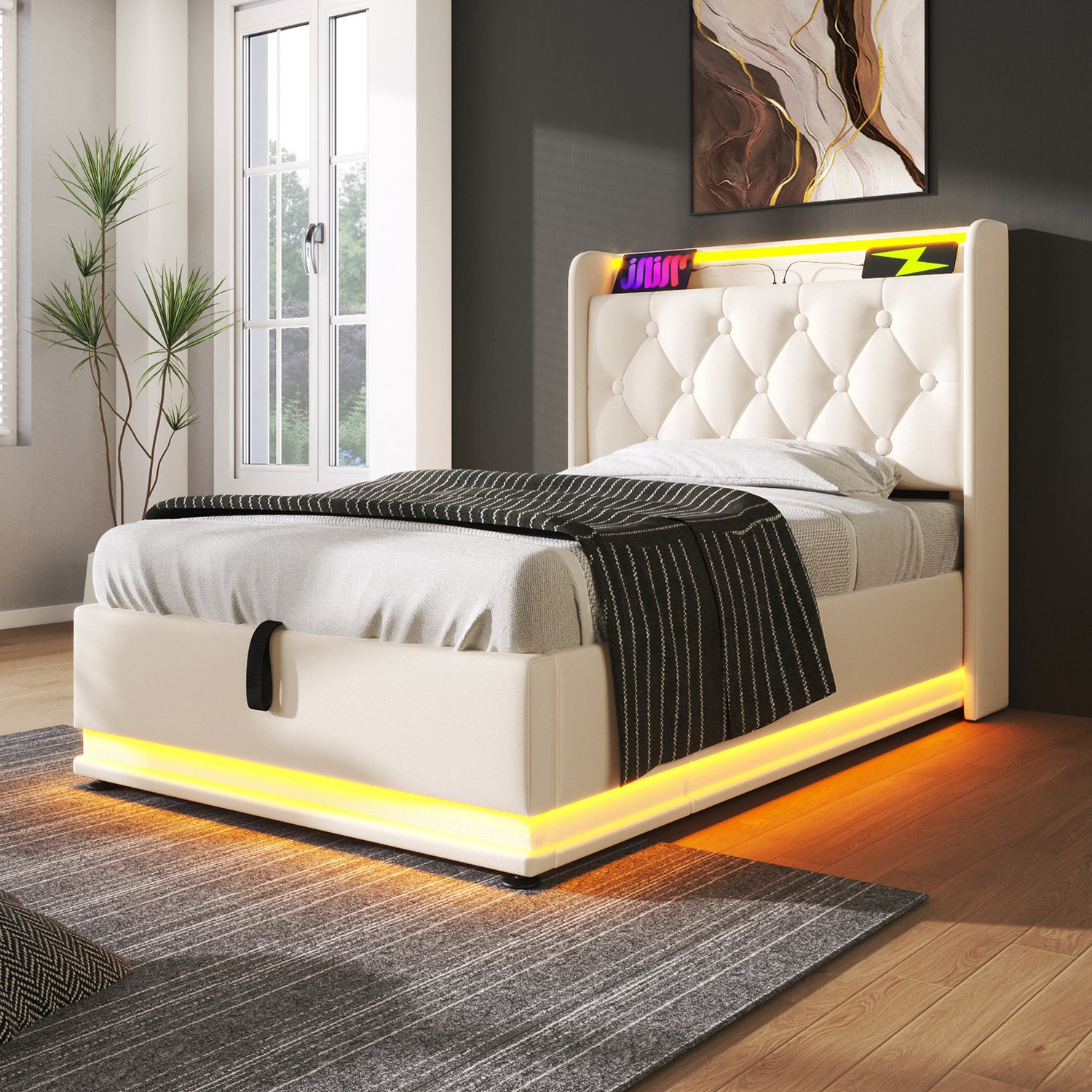 MUVANO Eenpersoonsbed 90x200 met matras - Opbergbed met hydraulische lift - Rondom ledverlichting en USB-C - PU-bekleding - Voor de slaapkamer - Wit