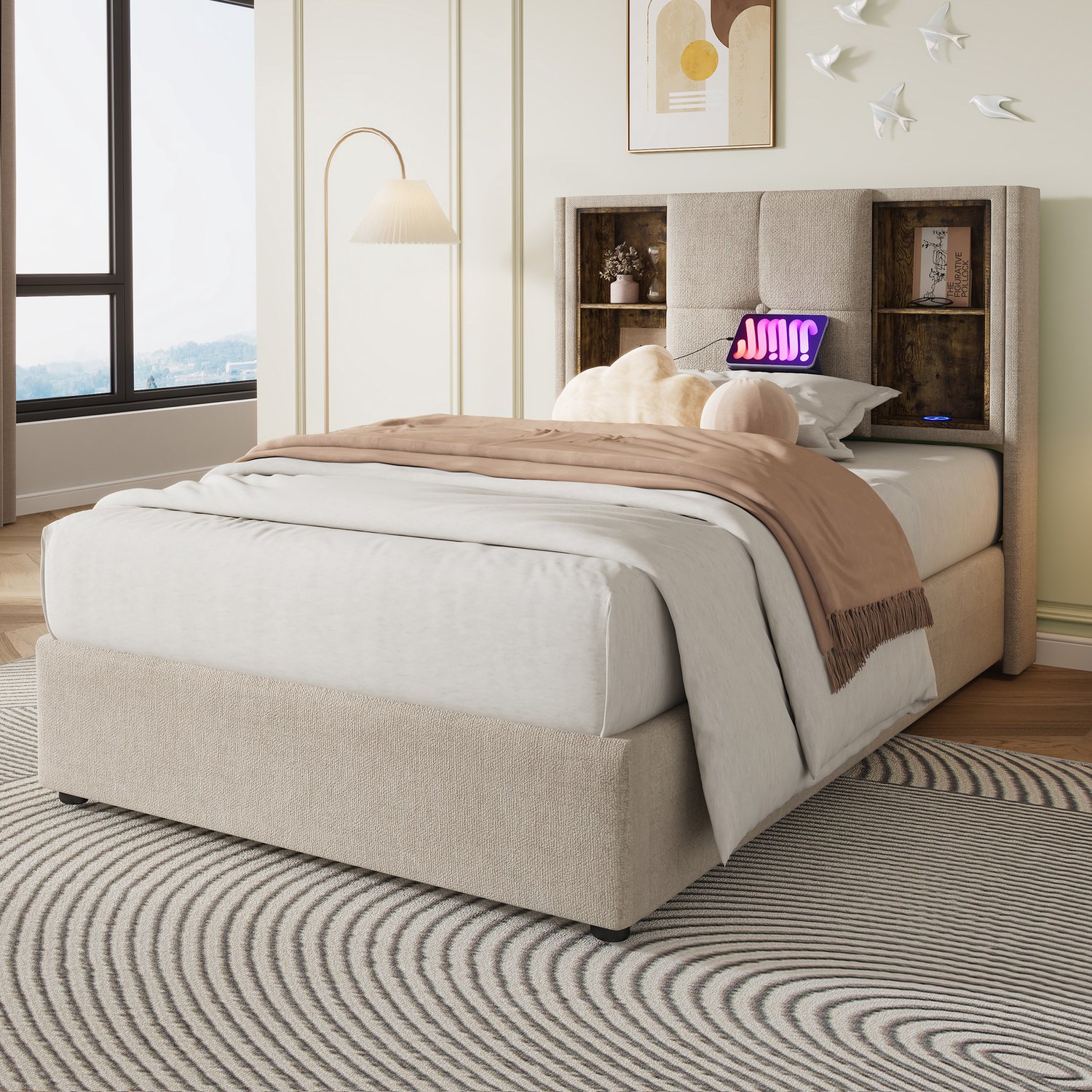 MUVANO Gestoffeerd eenpersoonsbed 90x200 - Opbergbed met gasveren - Draadloos opladen en USB-C - Linnen en houten lattenbodem - Slaapkamer naturel