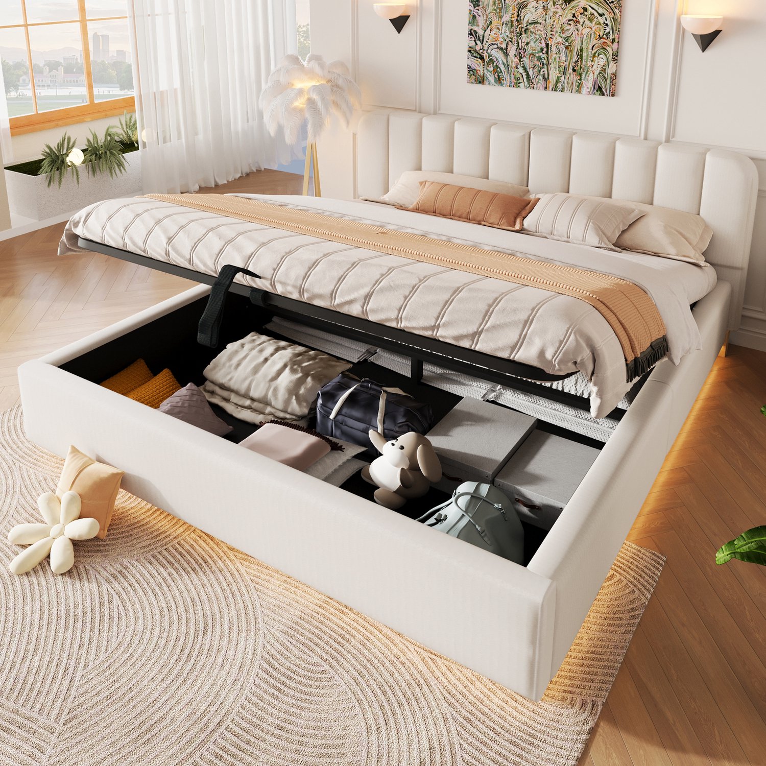 Zubaliya Gestoffeerd bed - 180 x 200 cm - Beige - chenille, multiplex - Hydraulische opbergruimte - LED-verlichting - Lattenbodem