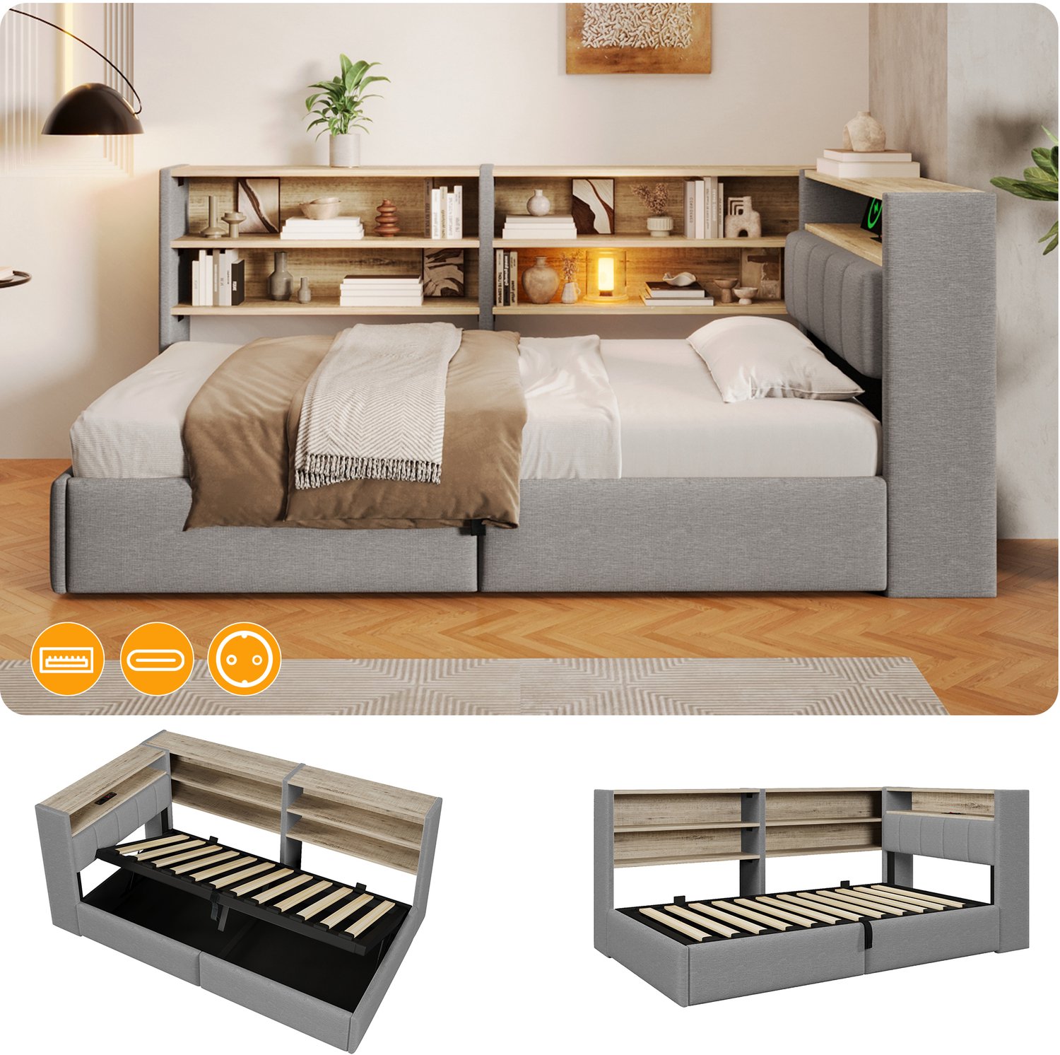 Zubaliya Dagbed - 90 x 200 cm - Grijs - MDF, fluweel - Hydraulische opbergruimte - LED-verlichting - USB-aansluiting