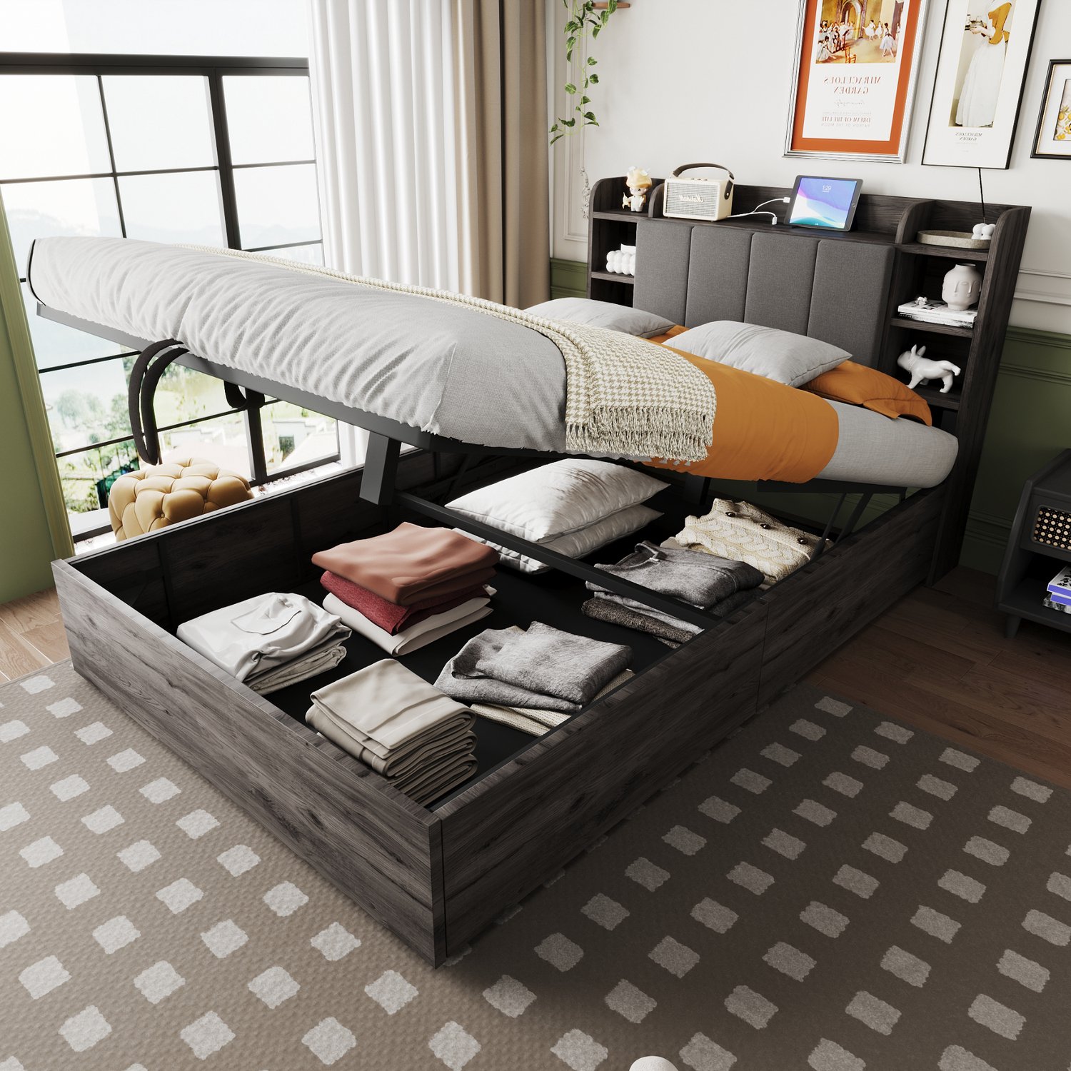 Zubaliya Bedframe - 140 x 200 cm - Grijs - MDF - Hydraulische opbergruimte - USB-aansluiting - Stopcontact