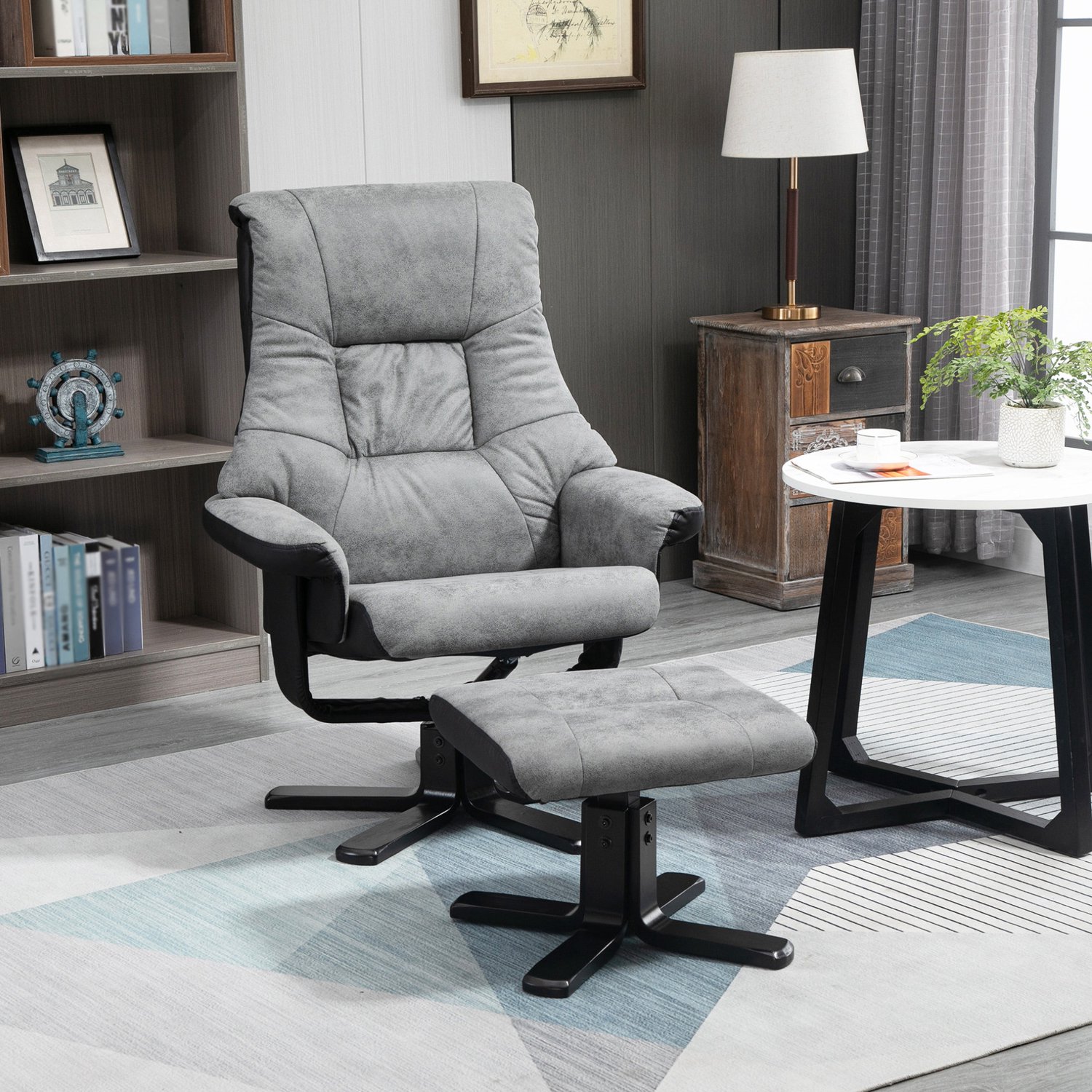 STILVORA Relaxfauteuil 78 x 82,5 x 109 cm - 360 Graden Draaibaar met Verstelbare Rugleuning en Hocker - Voor Woonkamer - Microvezelstof - Grijs