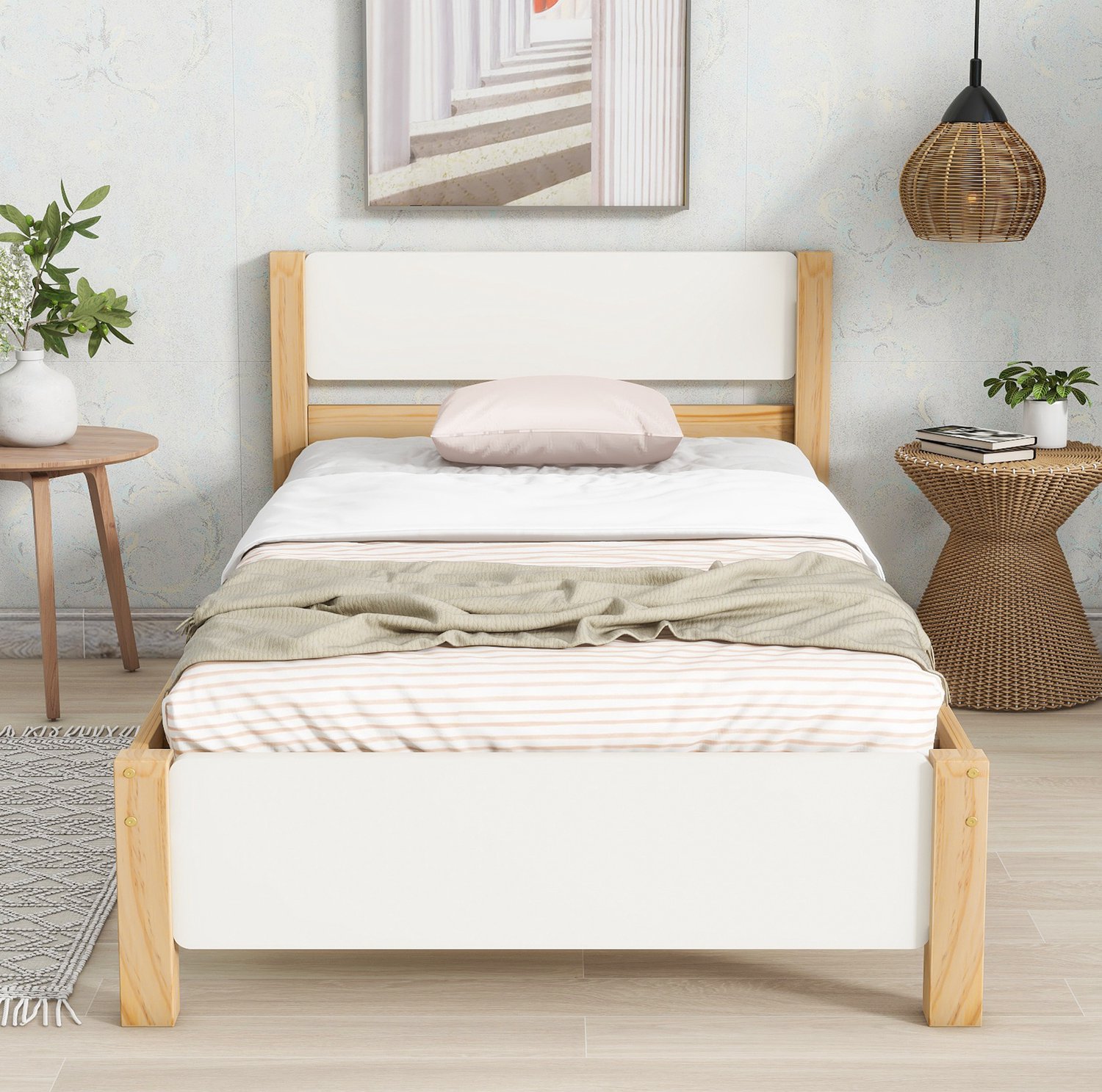 Maisentiel Eenpersoonsbed 90 x 200 cm met lattenbodem - hout en MDF - wit en natuur