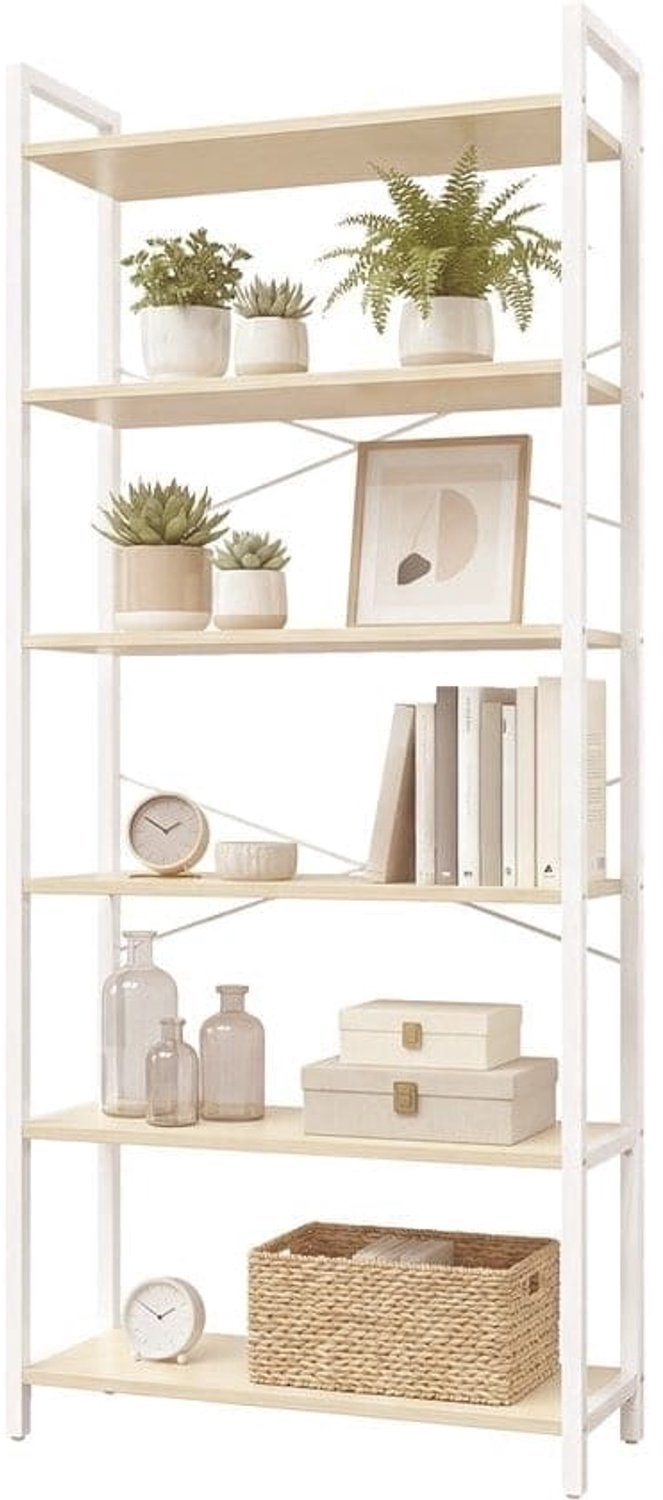 Klarven Boekenkast Beige-Wit - Boekenkastje - Boekenkasten - Met Kantelbeveiliging, Open Kast - 64x30x185,5 cm Naturel/wit