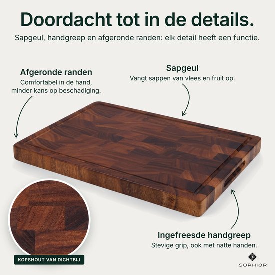 SOPHIOR Houten Snijplank Walnoot Kopshout - Groot 42x30x3,2 cm - Met Sapgeul en Handvaten — cadeau in Kookcadeaus - foto 4