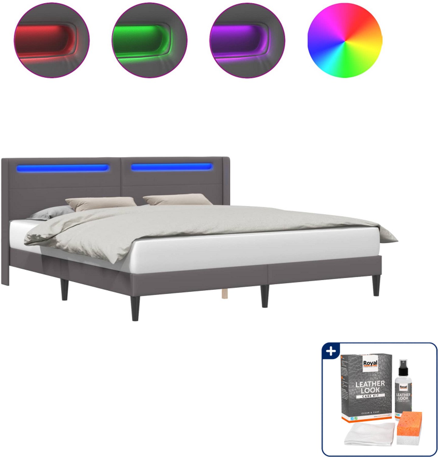 vidaXL Bedframe - Kingsize - 180 x 200 cm - grijs - Inclusief onderhoudsset voor kunstleer 150 ml