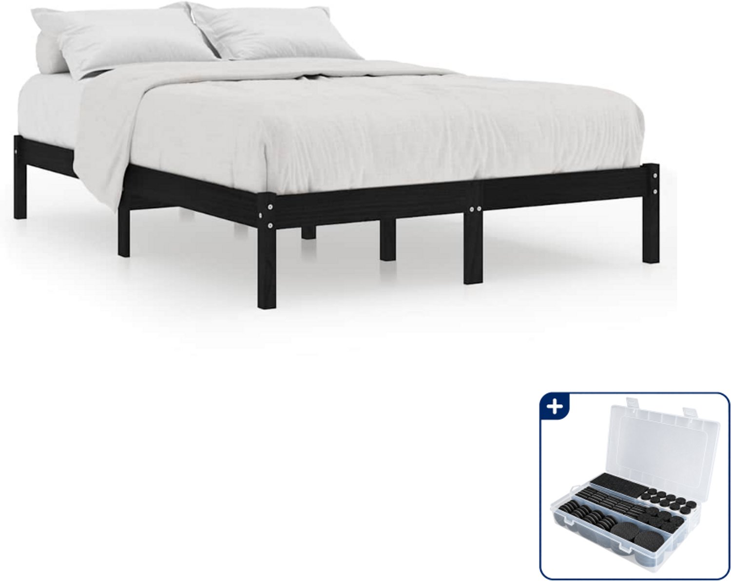 vidaXL bedframe 150 x 200 cm - massief grenenhout - zwart - Inclusief antikrasvilt 177-delig