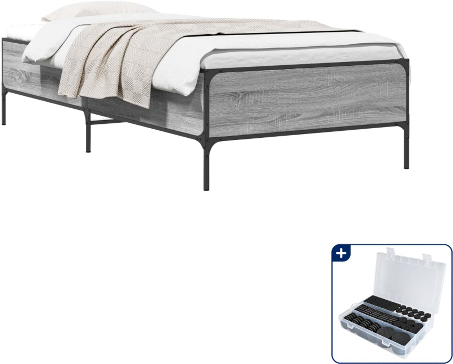 vidaXL Bedframe - 80 x 200 cm - bewerkt hout - grijs sonoma - Inclusief antikrasvilt 177-delig
